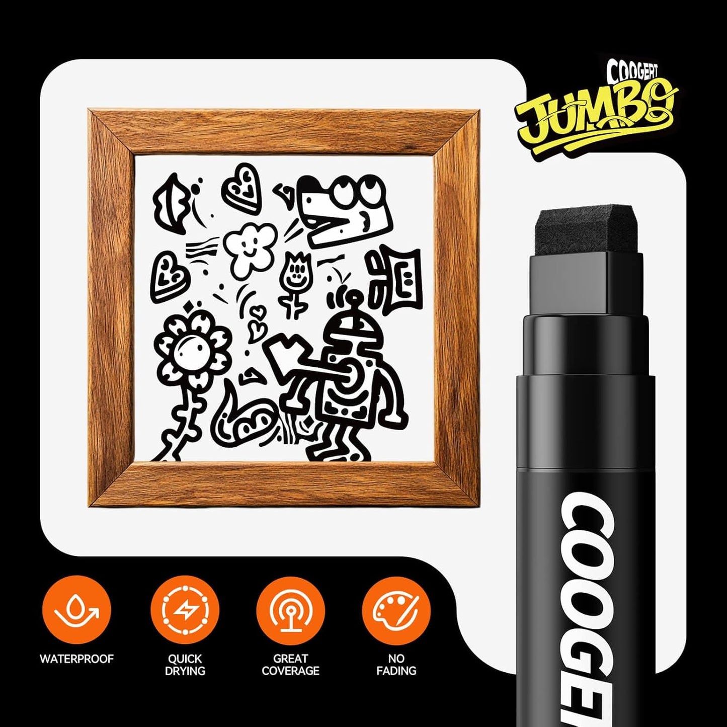 3Pcs Black Jumbo Poster Markers, 15MM Thick Permanent Acrylic Graffiti Markers, Wide Tip Paint Marker for Canvas, Posters Board, Fabric, Window, Glass, Wood, Teachers,Banner painting supplie