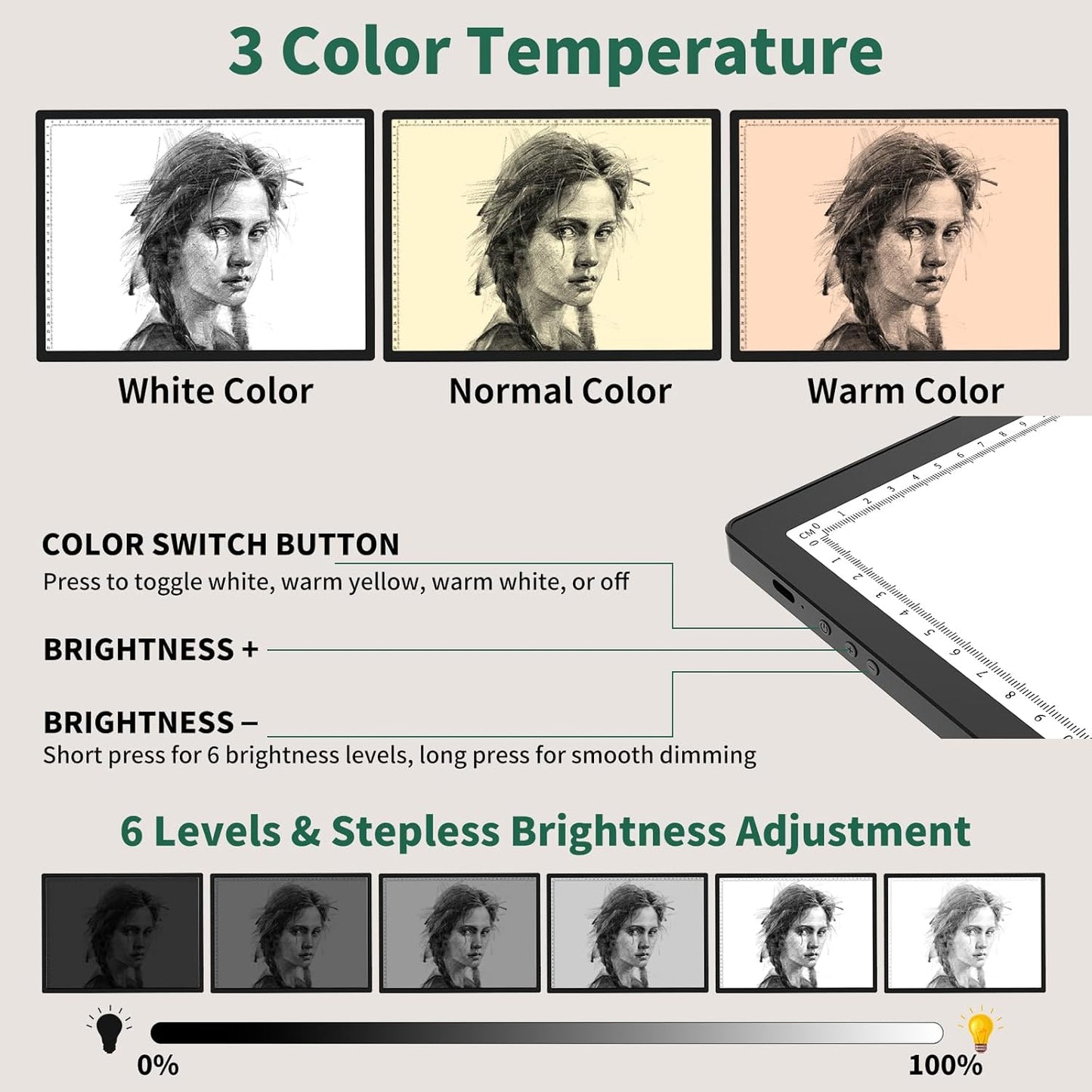 HIUKCOLED A3 Built-in Tilt Stand Light Tracing Box with Carry Bag, 3 Colors/Stepless Dimmable/6-level Brightness Adjustable, Battery Powered LED Light Board for Drawing,Diamond Painting,Sketching