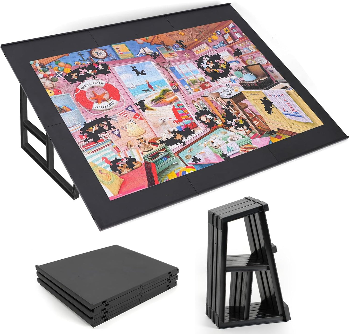 WELGEE 1000-Piecce Tilting Puzzle Board with Stand, 31” x 24” Lightweight Portable Puzzle Table for Adults & Seniors, DIY Customizable Puzzle Accessory Only 3.5 lbs (Black)