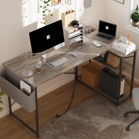 TIQLAB L Shaped Computer Desk with Power Outlets, 55 Inch Small Corner Desk with Reversible Shelves, Gaming Desk Computer Table Study Writing Desk for Home Office Small Space, Gray