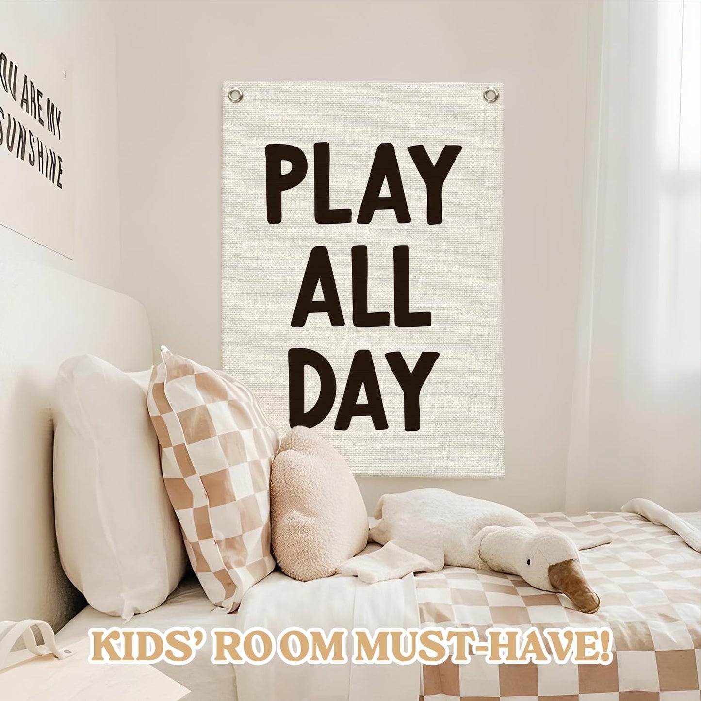 Playroom Wall Decor Linen Canvas Banner,Play All Day Wall Hanging Flag Banner for Kids Nursery and Playroom Wall Decor,Stylish Room Decor for Boys and Girls 18x25 Inch