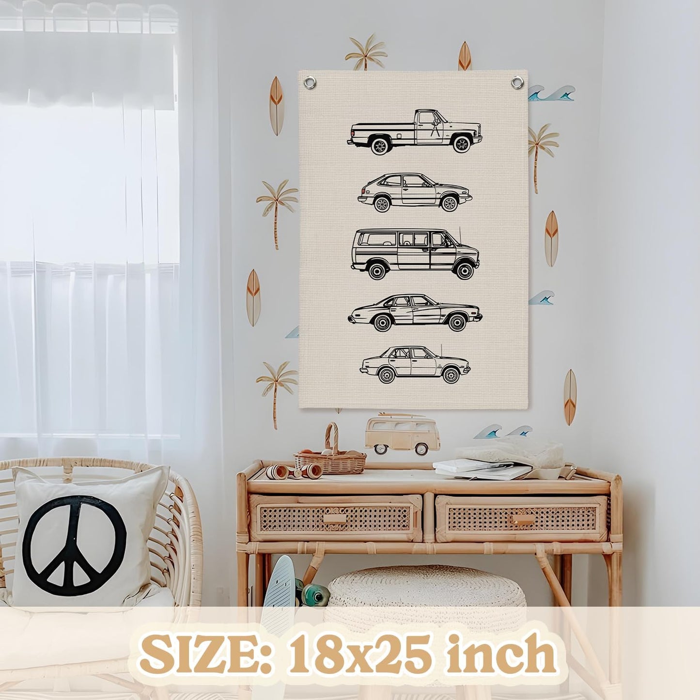 Toddler Boy Room Decor, Vintage Car Linen Canvas Banner, Retro Car Room Decor Wall Hanging Flag Banner for Little Boy Bedroom,Playroom Nursery 18x25 Inch