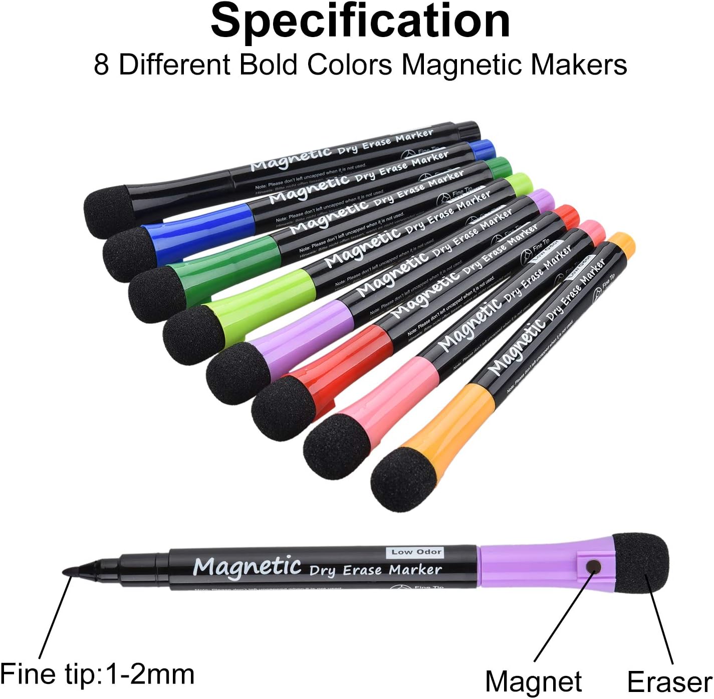 Browill Magnetic Dry Erase Markers, Fine Tip Low Odor Whiteboard Markers for Kids & School, Work On White board & Calendar, Refrigerator (12 Pack)