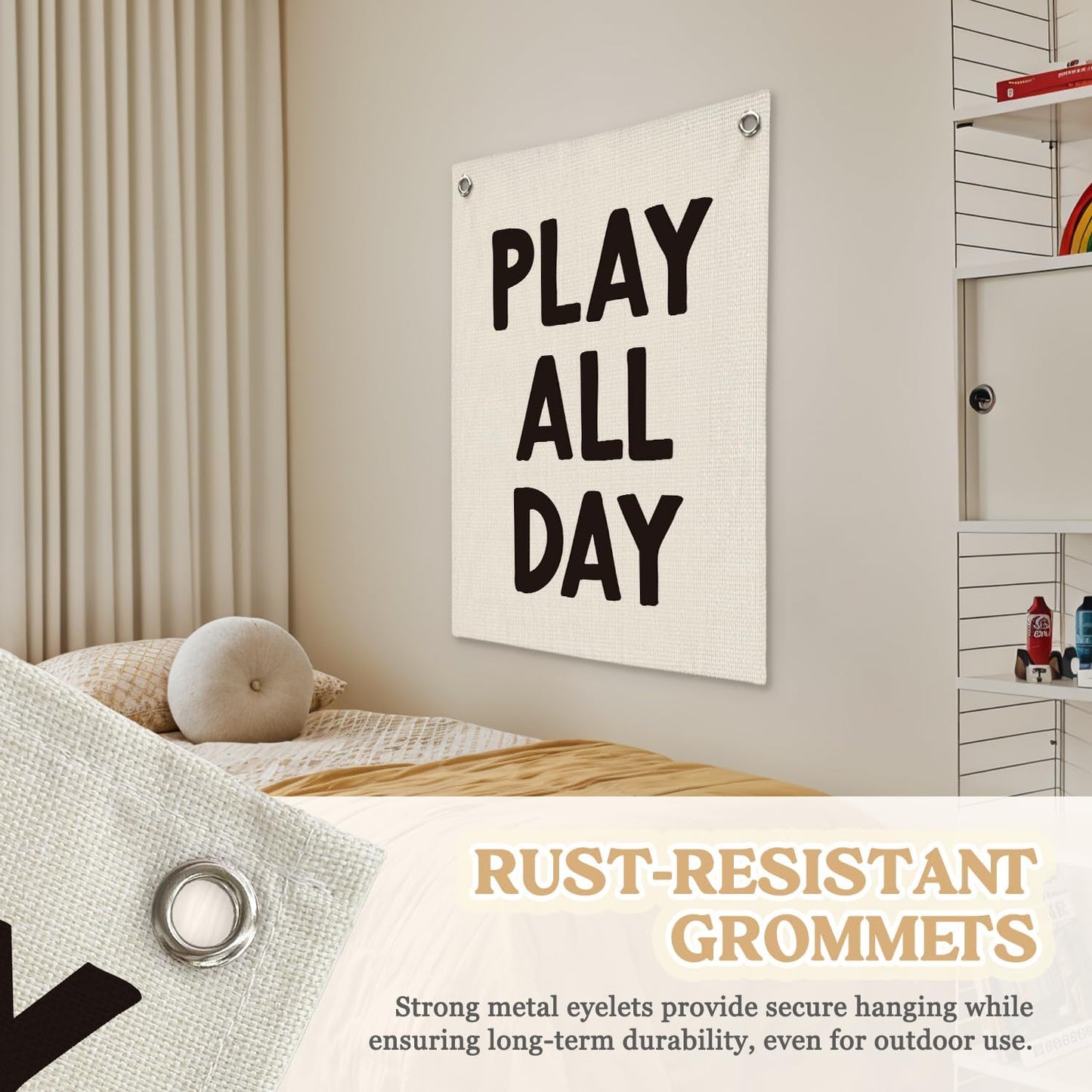 Playroom Wall Decor Linen Canvas Banner,Play All Day Wall Hanging Flag Banner for Kids Nursery and Playroom Wall Decor,Stylish Room Decor for Boys and Girls 18x25 Inch