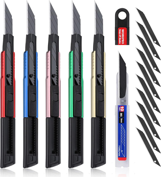 WORKPRO Premium Utility Knife Retractable Snap-off Blade, Heavy Duty Aluminum Box Cutter Set, Razor Knife Exacto Craft Knives, with 10 Extra 9mm Blades, Pack of 5
