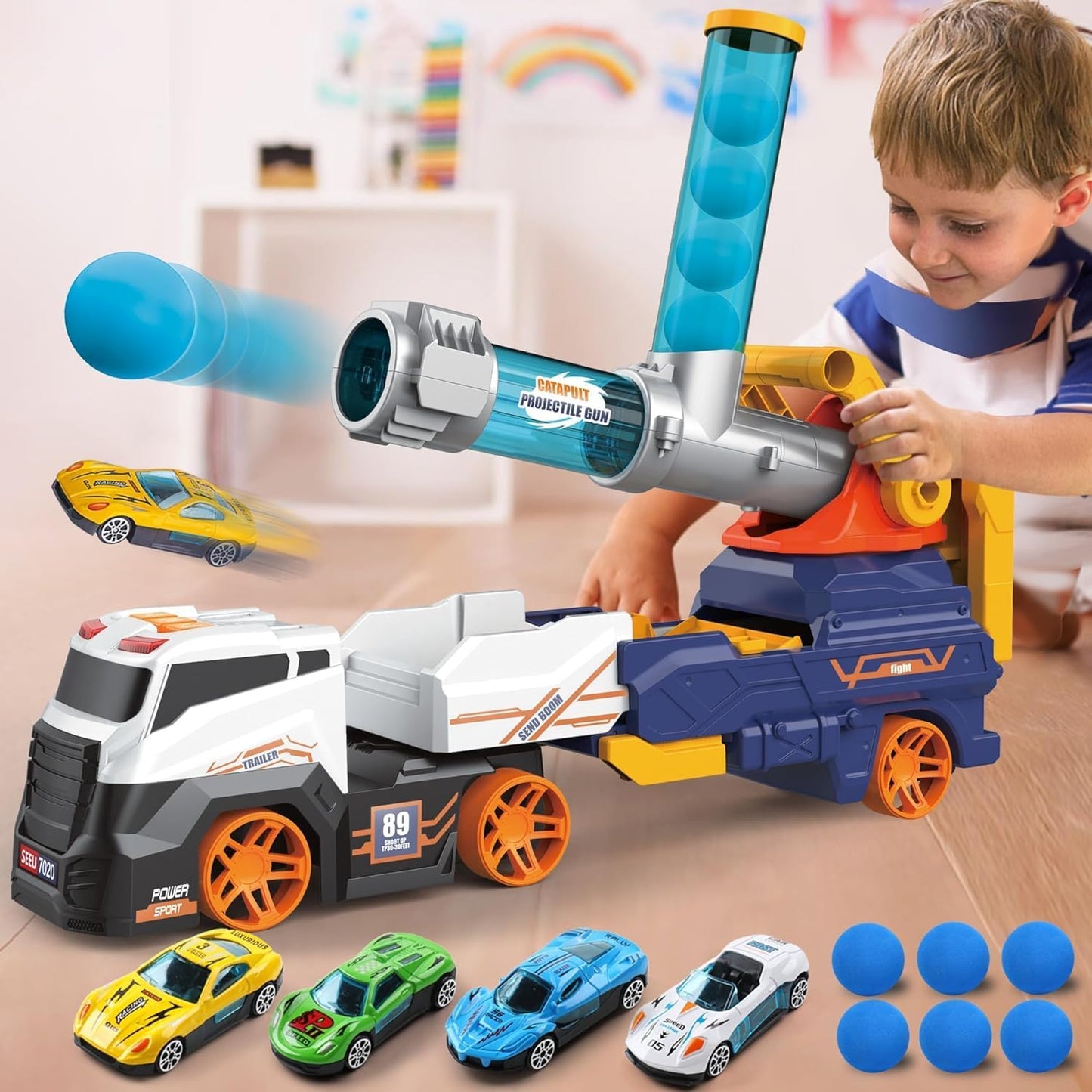 Dwi Dowellin Truck Toys for Kids, 28" Large Car Toys Include 4 Race Cars+6 Soft Foam Balls, with Light & Sounds, Eejection&Shooting Transport Trucks Toy, Gifts for Boys Girls 3 4 5 6 7 8+ Year Old