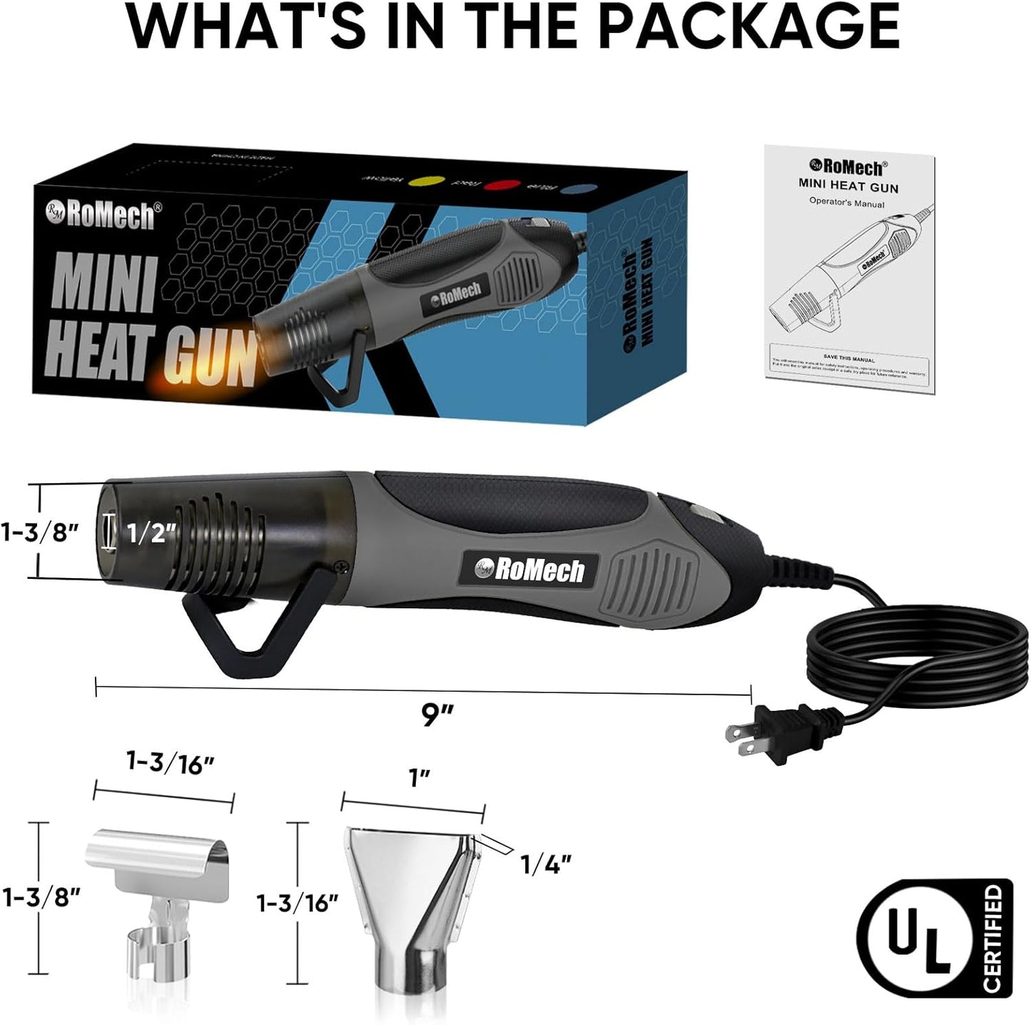 ROMECH 350W Heat Gun with 2 Nozzles, Dual Temp Heat Gun 400°F-660°F, Fast Heat Hot Air Gun with Overload Protection for DIY Craft Embossing Shrink Wrapping (Grey)