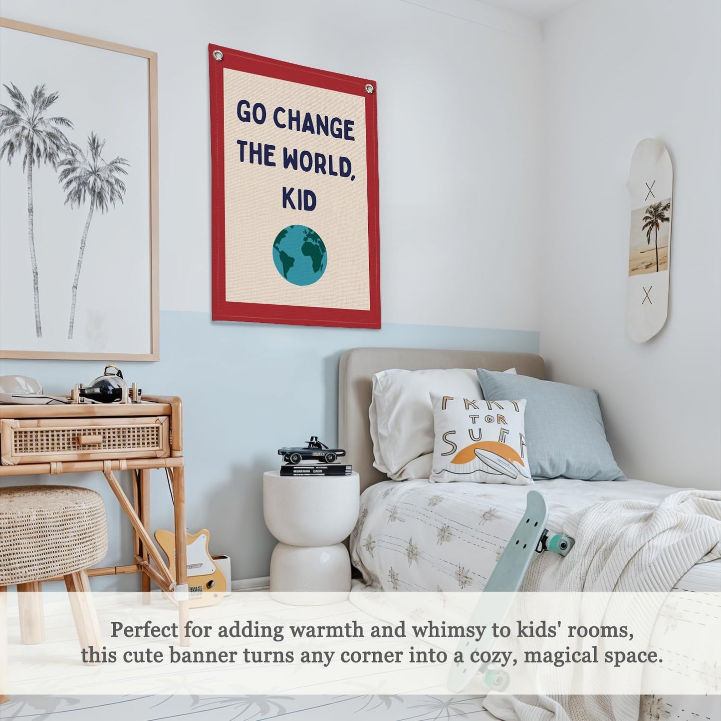 Classroom Decor,Motivational Wall Decor,Go Change the World Kid Linen Canvas Banner,Playroom Wall Decor Hanging Flag for Playroom Bedroom Nursery Graduation Gifts 18x25 Inch