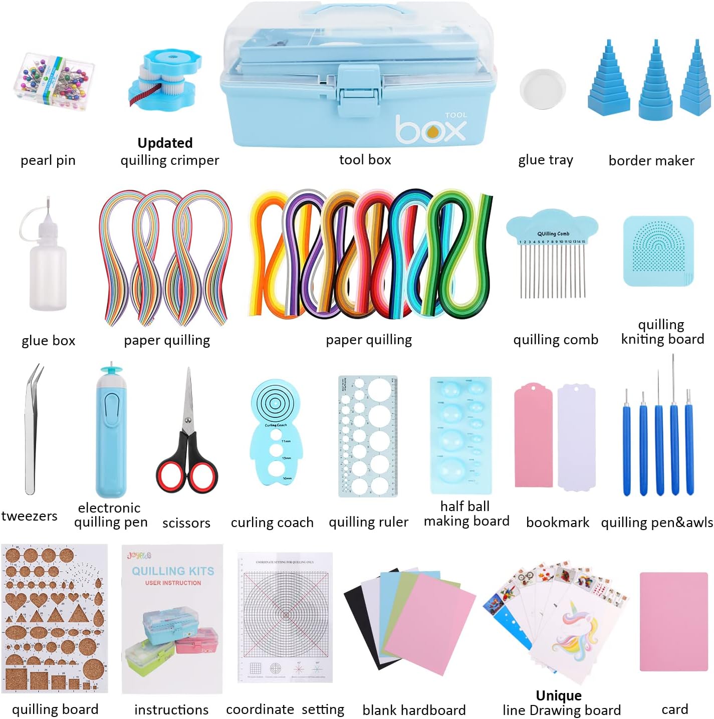 JoyPlus Quilling Kits for Beginners with Manual, 24 Tools & Supplies with Durable Storage Box, Updated Paper Crimper Tool, Premium Husking Board & Electronic Pen Blue
