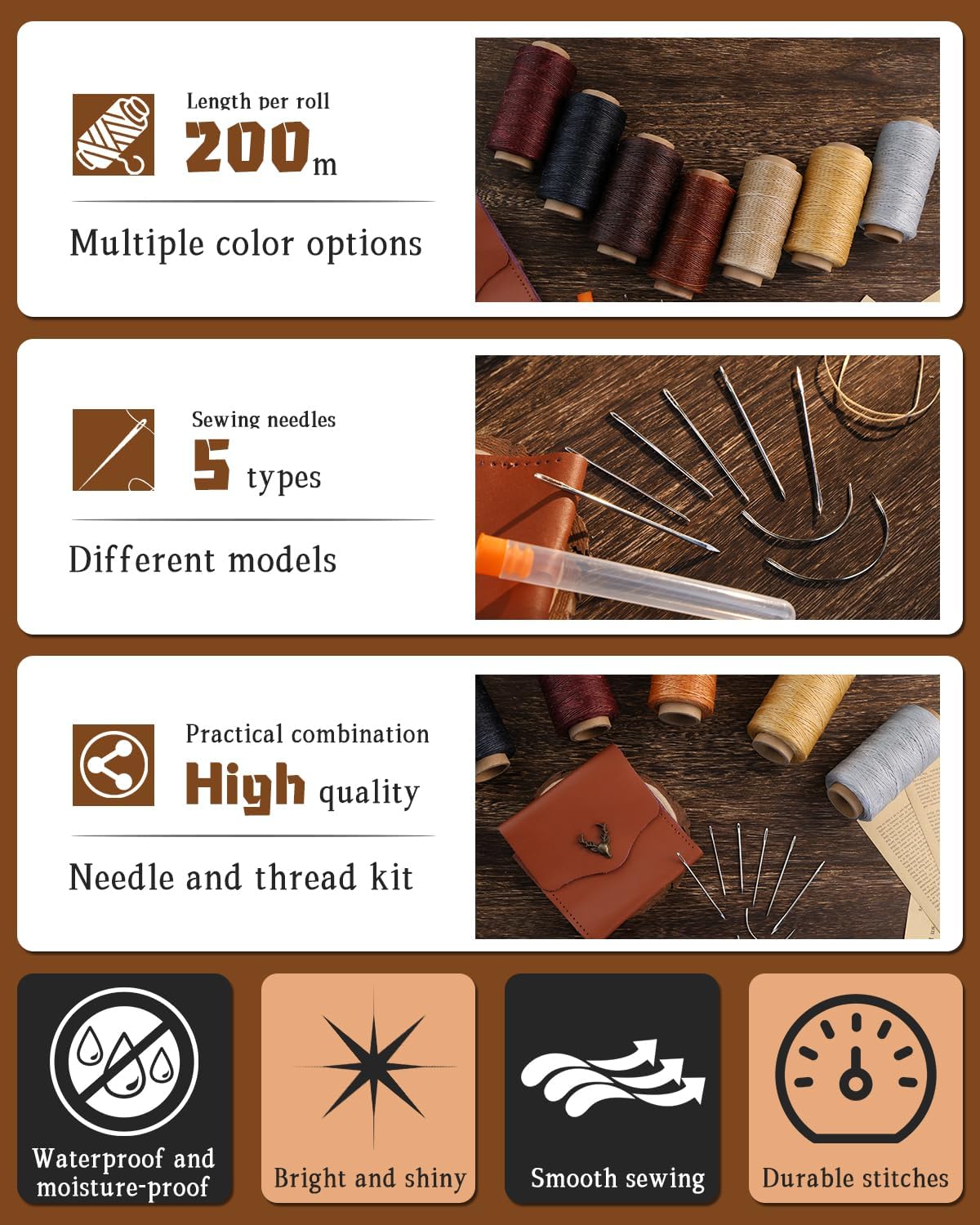 DIUDUS 218 Yards Upholstery Thread, Heavy Duty Sewing Kit with Waxed Thread 9 Upholstery Needle for Hand Stitching Bookbinding Repair Canvas Sofa Leather Shoes