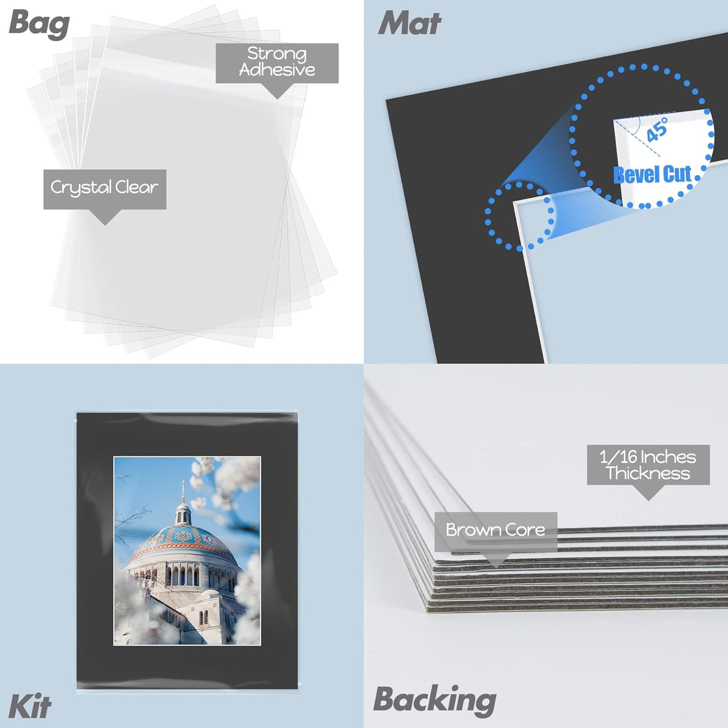 Mat Board Center, Pack of 10, 16x20 for 11x14 Black Picture Mat Sets - Acid Free, 4-ply Thickness, Bevel Pre-Cut White Core - Includes Backing Boards and Clear Bags - for Pictures, Photos, Framing