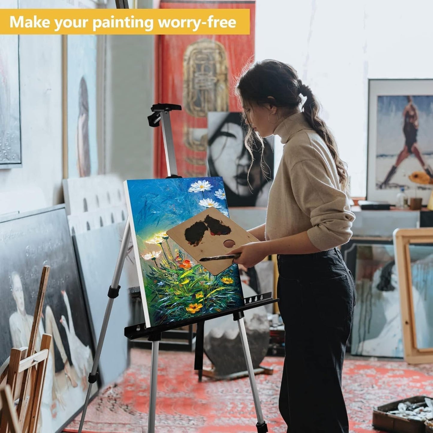RRFTOK Art Painting Artist Easel Stand,Aluminum Metal Tripod Adjustable Easels for Painter Canvases Height from 17 to 66 Inch - Carry Bag for Table-Top/Floor Drawing and Displaying 2-Pack.