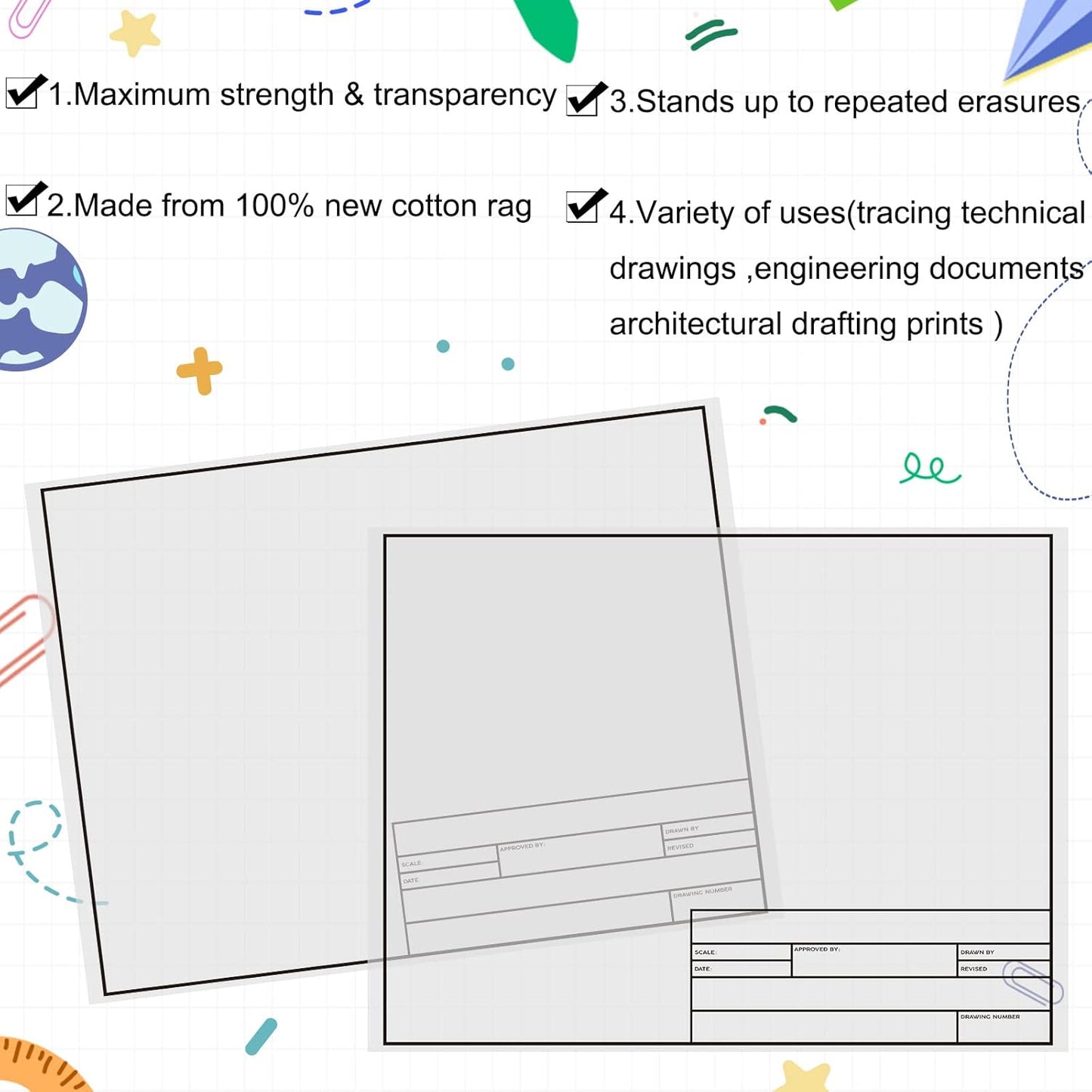 Geyee 10 Sheets Architectural Vellum Paper Translucent White Vellum Sheets Drafting Paper Rag with Border and Title Block(18 x 24 Inches)