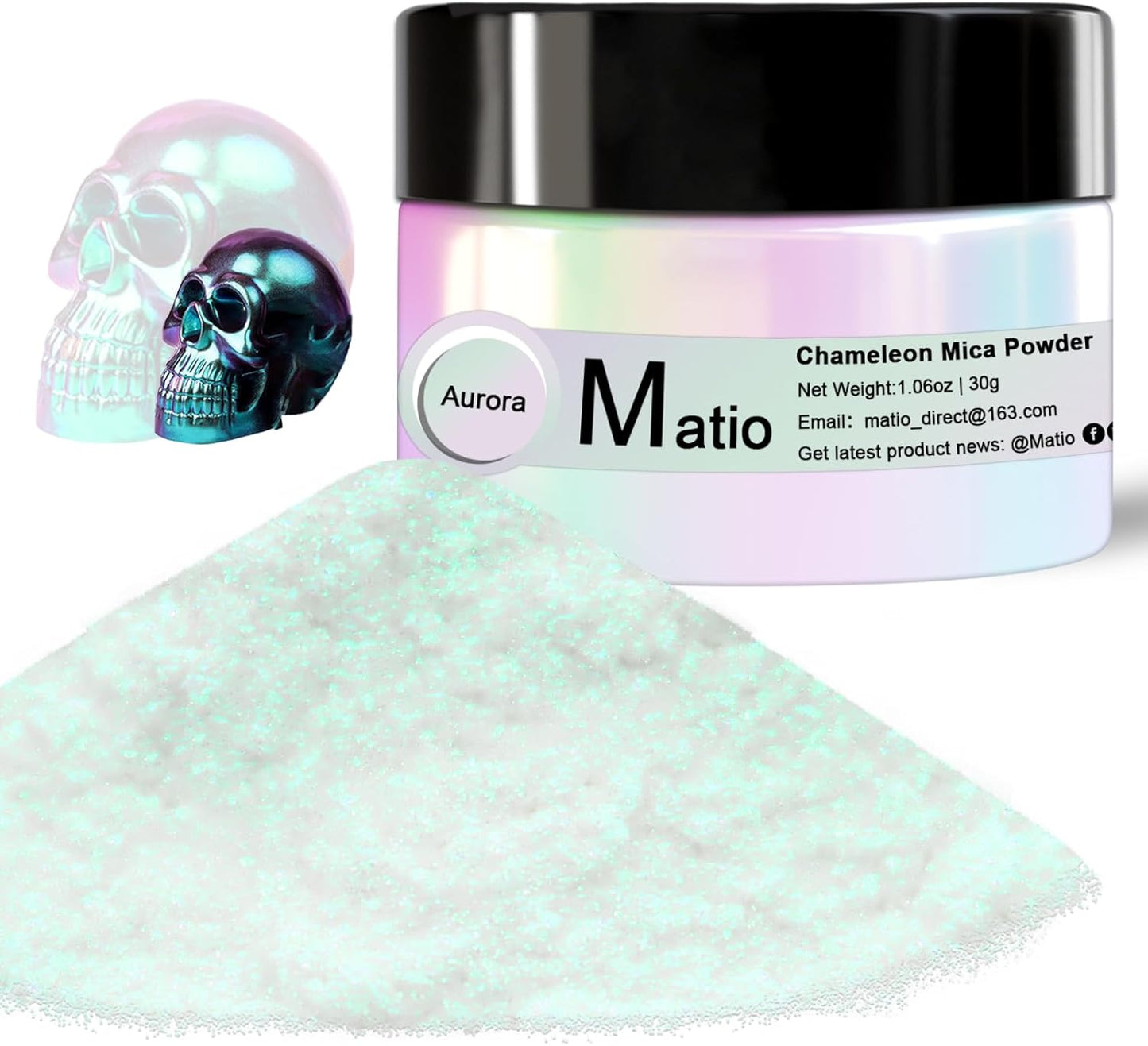 Matio Chameleon Mica Powder, 1.06oz/ 30g Aurora White Chrome Powder, Pearlescent Effect Color Shift Pigment for Resin Craft, Soap Candle Dye, Nail Art, Makeup, Bath Bomb, Paint, Slime Pigment