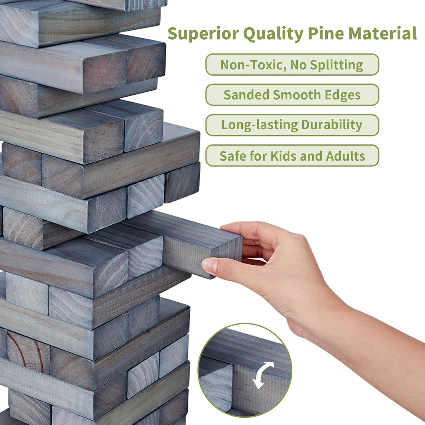 ApudArmis 54 PCS Tumble Timber Set Up to 3.2FT, Pine Wooden Tumble Tower Game with Dice and Scoreboard Set - Classic Block Stacking Board Game for Adults Teenagers (Gray)