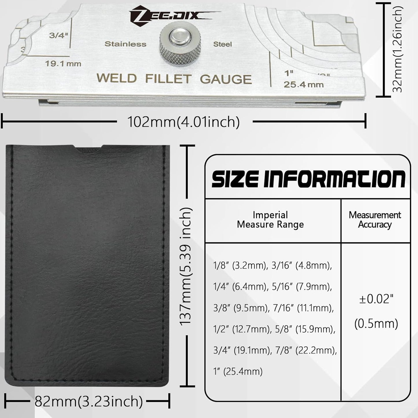 ZeeDix Metal Fillet Weld Gauge Set, Stainless Steel Welding Inspection Gauge Tool(1/8" - 1") Ulnar Metric & Inch