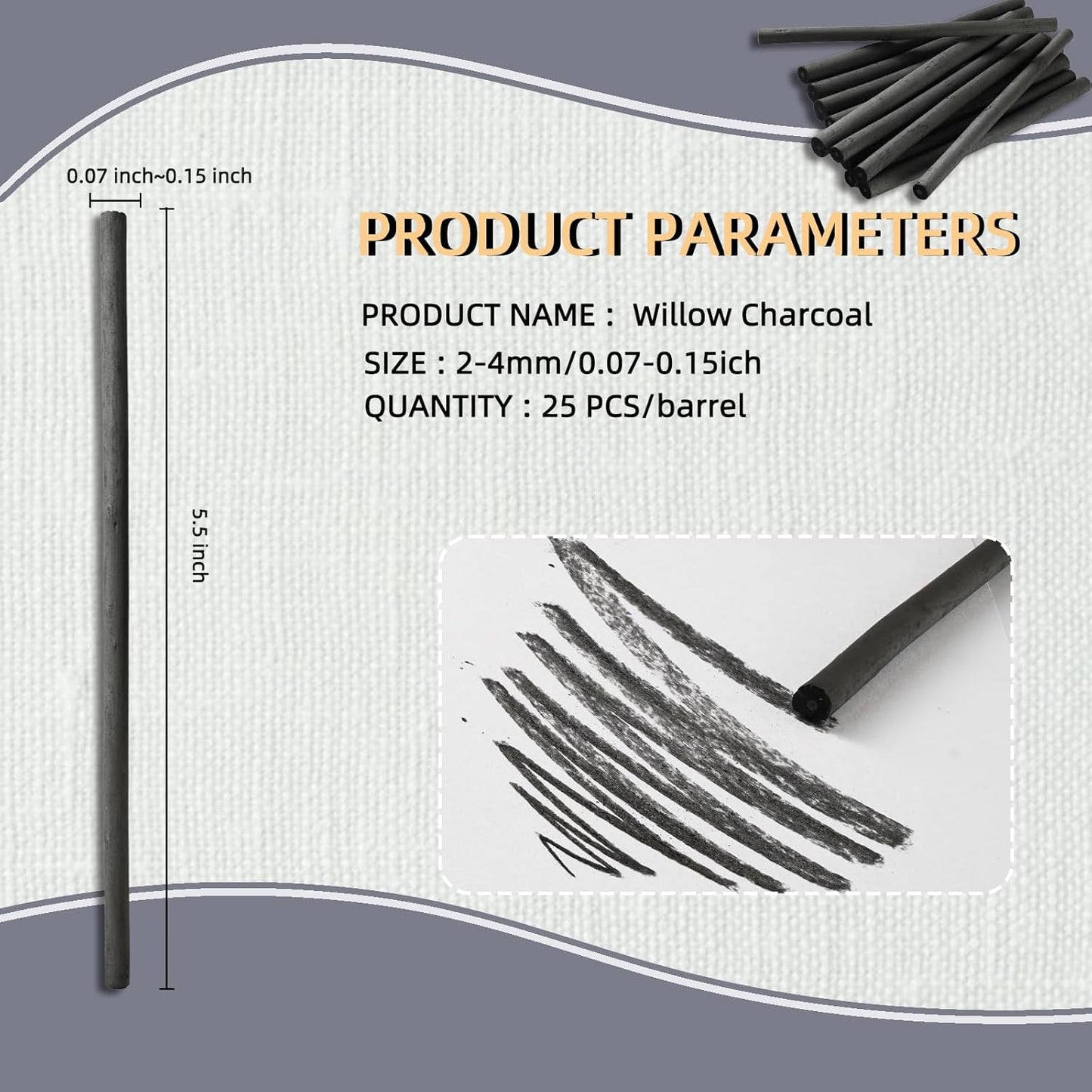 25 PCS Willow Charcoal Sticks, Ideal for Artists, Beginners, Students, Perfect for Sketching, Drawing, Shading, and Fine Art, 5.7 Inches Long, 2-4,4-5,5-7,7-9 (2-4)