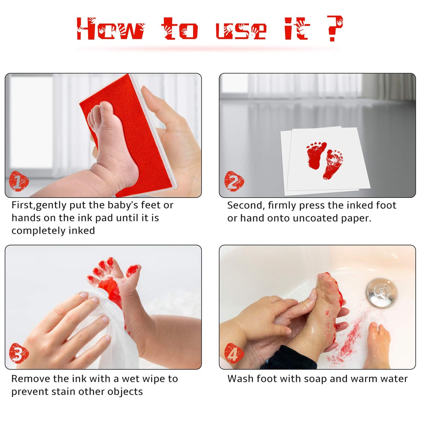 Ink Pad, 5x4'' Washable Non-Toxic Ink Stamp Pad for Baby Footprint Handprint, Red