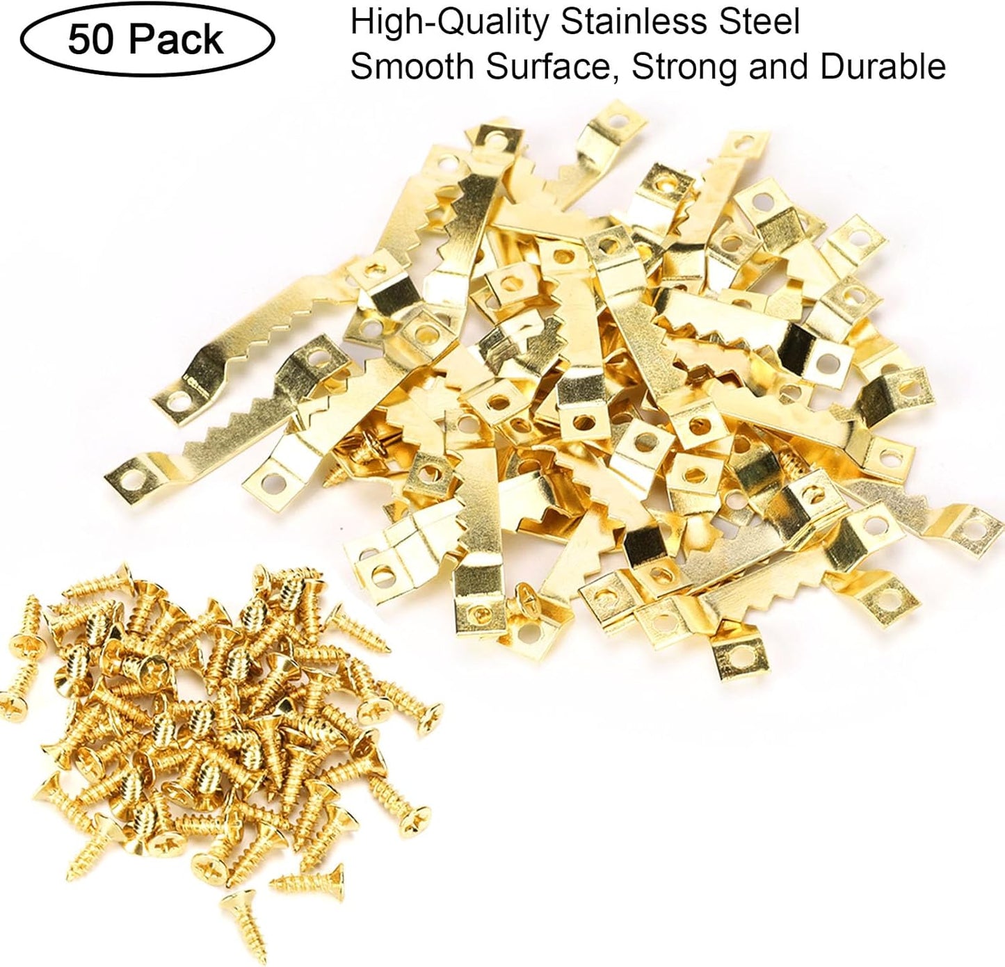 Small Sawtooth Picture Hangers 50 Pack Steel Sawtooth Hangers with Screws for Hanging Canvas Photos Frame Clock Paintings Artwork (Gold)