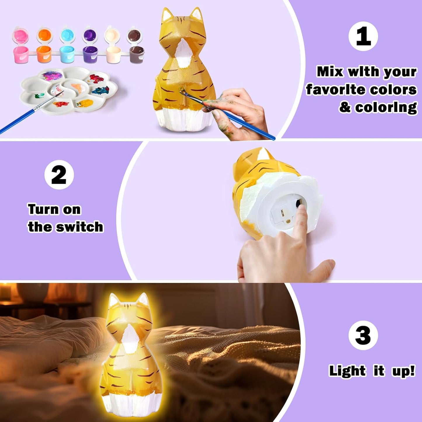 FUNZBO 2pcs Paint Your Own Cat Lamp - Halloweens Arts and Crafts Supplies Kitten Painting Kits for Kids Teens, DIY Night Light Toy for Toddlers Girls Boys Ages 3 4 5 6 7 8 9 10 11 12 13 Birthday Gifts