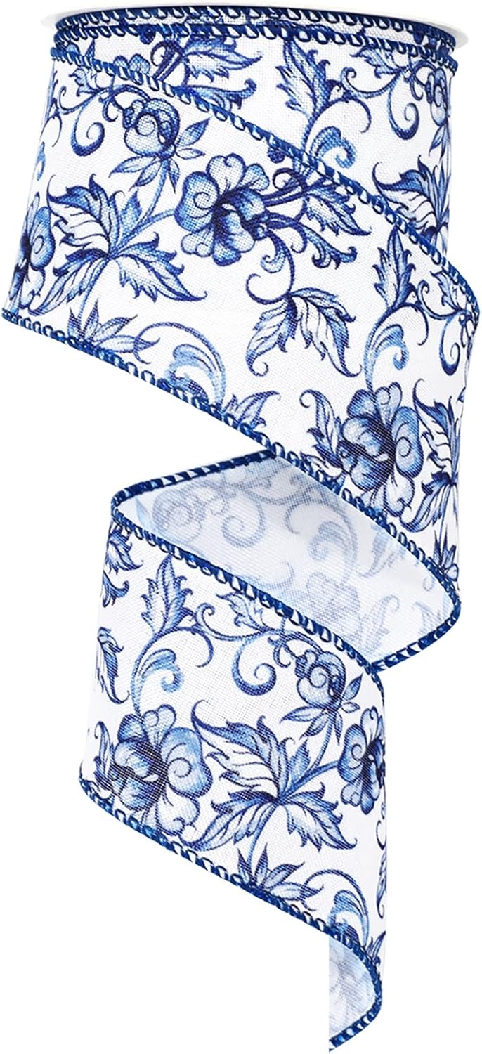 Blue White Floral Wired Edge Ribbon Roll Vintage Watercolor Flower Craft Ribbon Chinoiserie Fabric Ribbon for Wreath Bow Making DIY Craft Wrapping Party Supplies, 12 Yard