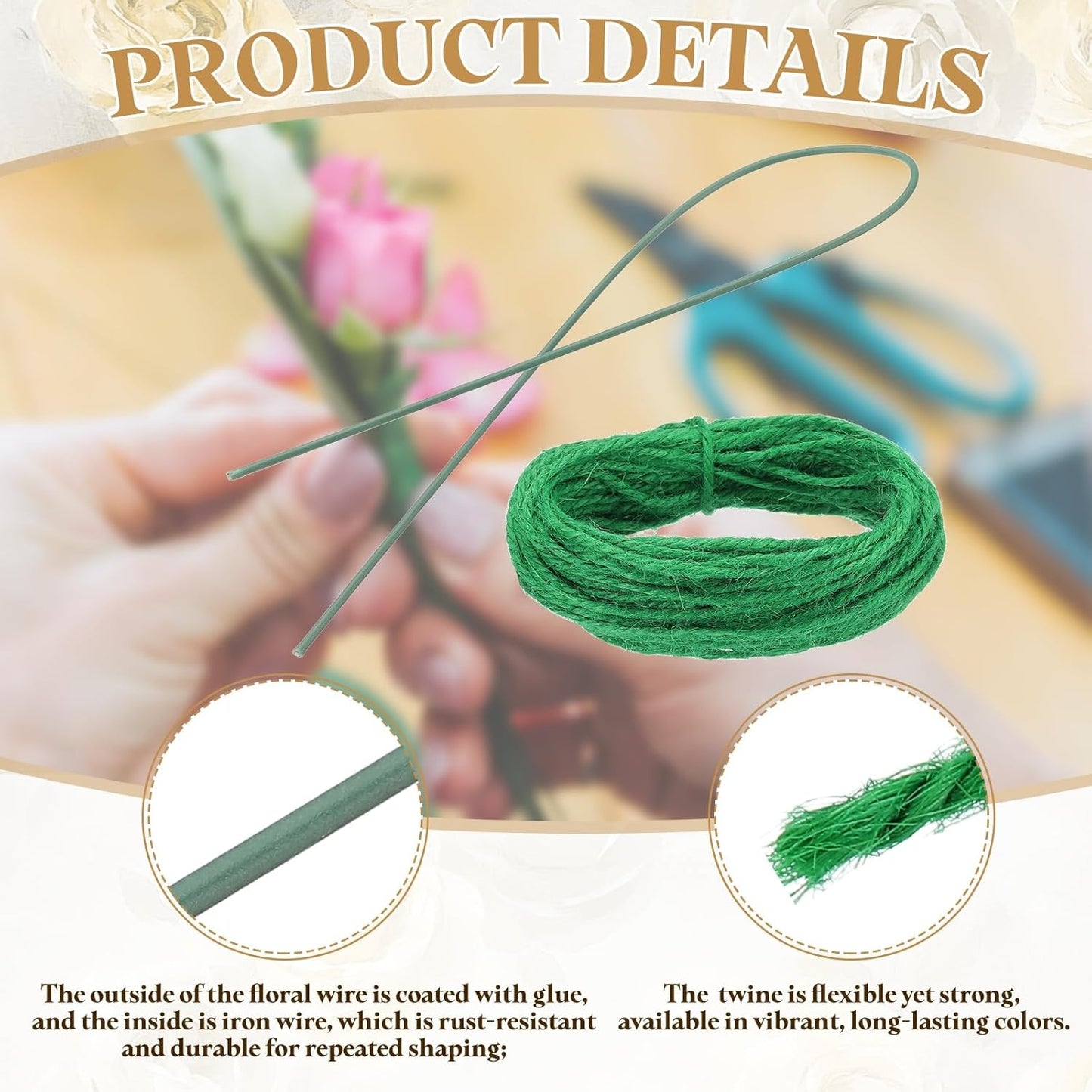 uxcell 100Pcs 2 Gauge Floral Wire, 11.81" Length Flower Stem Wires with 0.08" x 32.8ft Twine for Wreath Making, Flower Arrangement, Green