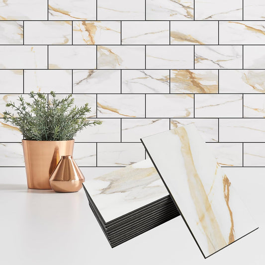 4 Pieces Peel and Stick Backsplash for Kitchen, 3" x 6" PVC Subway Tile Upgraded Calacatta Gold with Dark Gray Grout Backsplash Stick on Tile Elevate Kitchen, Bathroom, Fireplace,RV
