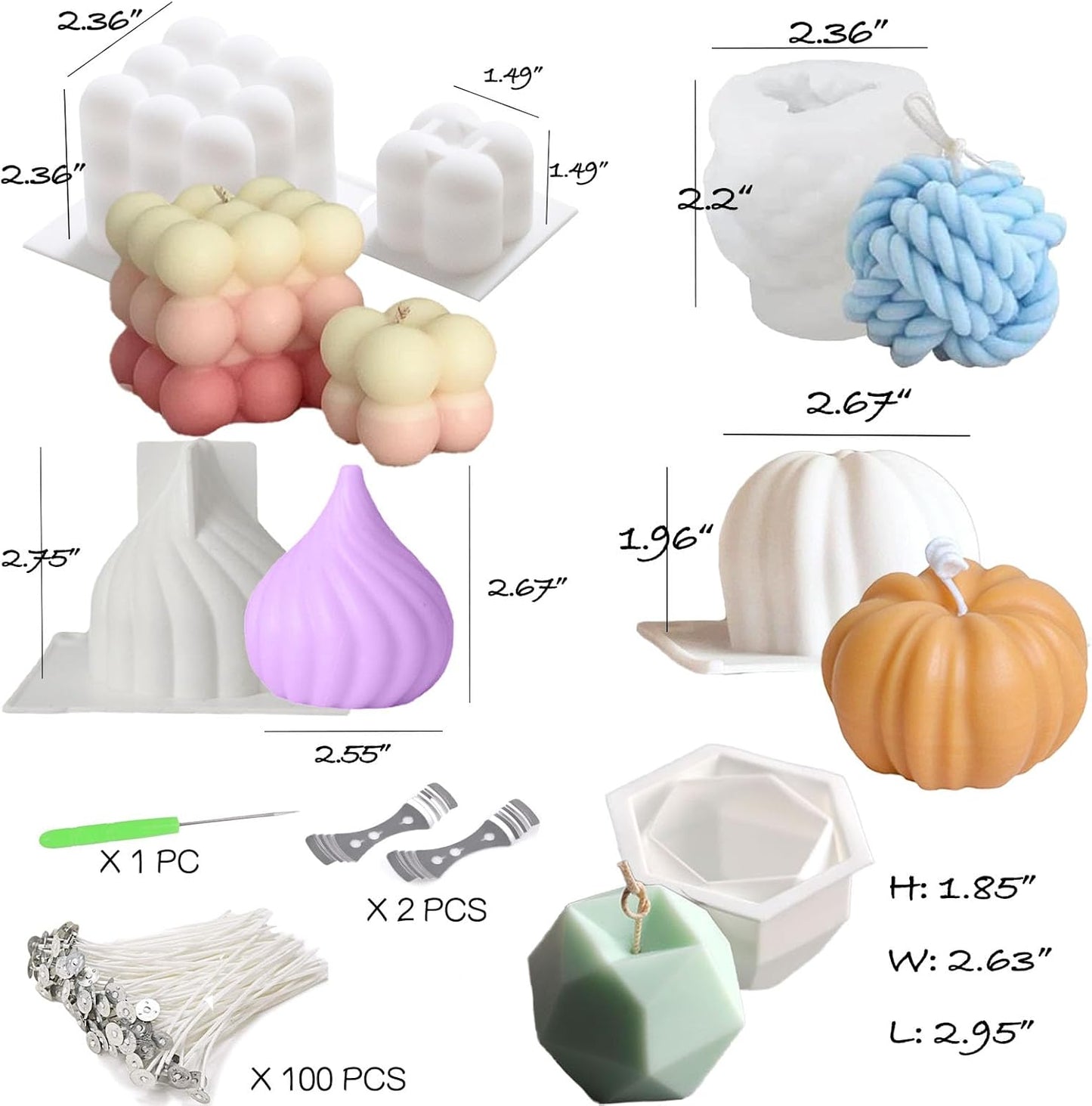 6pcs Silicone Candle Making Molds Kit Set, 3D Silicone Mold for Baking Desser, Soy Wax, Soap Geometric Pumpkin Shapes Yarn Ball Bubble Cube Molds DIY Scented Candle