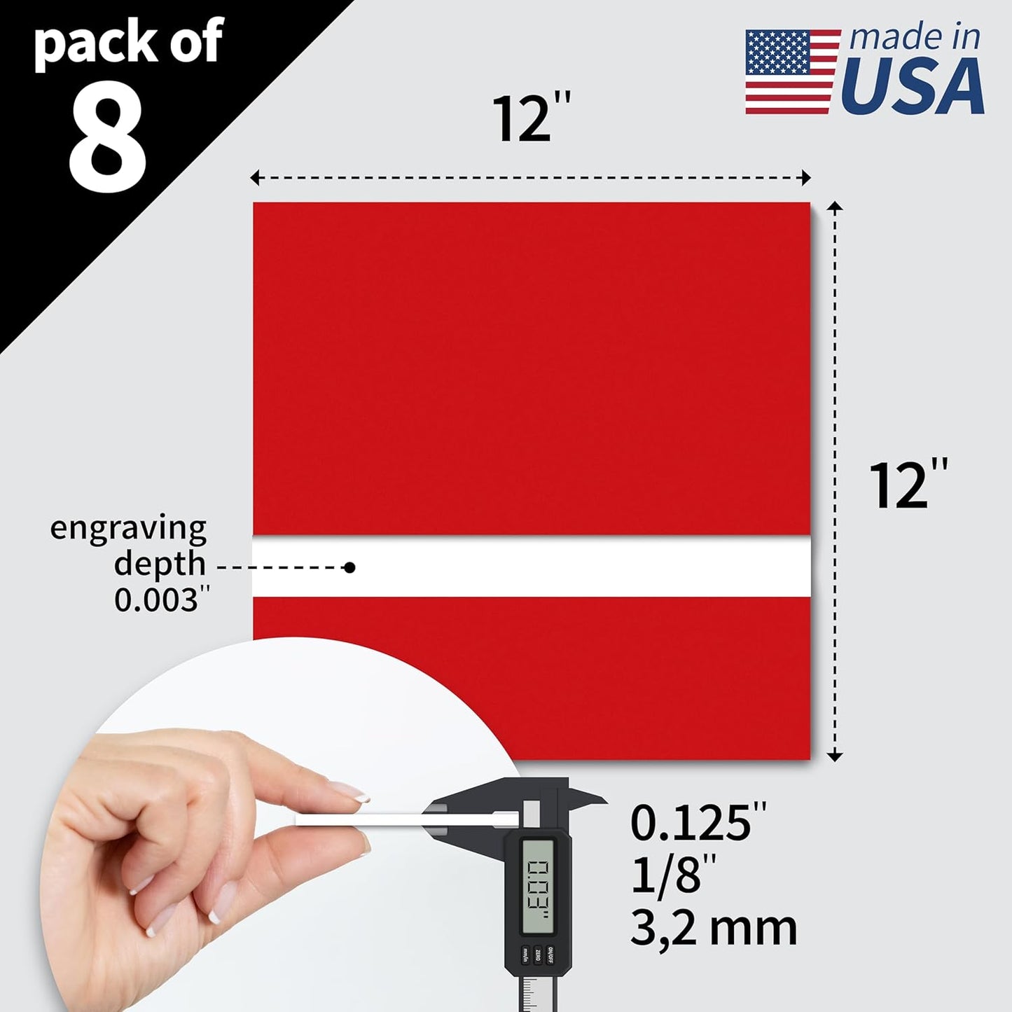 Trotec TroLase | 12"x12"x1/8", 8 Pcs | Red/White | 2 Ply | Modified Acrylic | Laser Engraving Double Color Plastic Sheet | Engraving Blanks for Laser, Saw, Guillotine | Made in USA