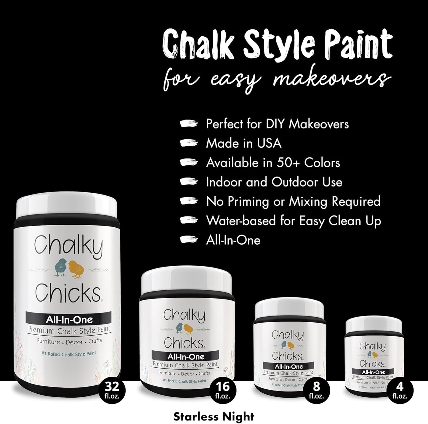 Chalky Chicks All-in-One Chalk Paint for Furniture or Cabinet - 8 Fl Oz - Matte Finish Starless Night Black for Metal, Wood Furniture Paint - No Sanding All-in-One for Home Decor & Crafts, USA Made