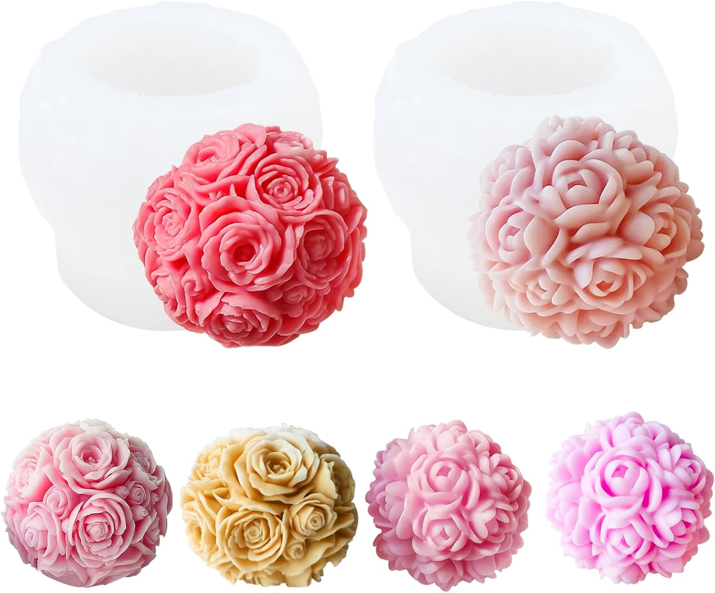 JDH 2 PCS Rose Ball Round Candle Mold 3D Rose Flowers Silicone Mold Flower Molds de silicona para velas for Candy & Home Decor - Resin Casting & Making Molds for Candle, Resin, Soap & Chocolate