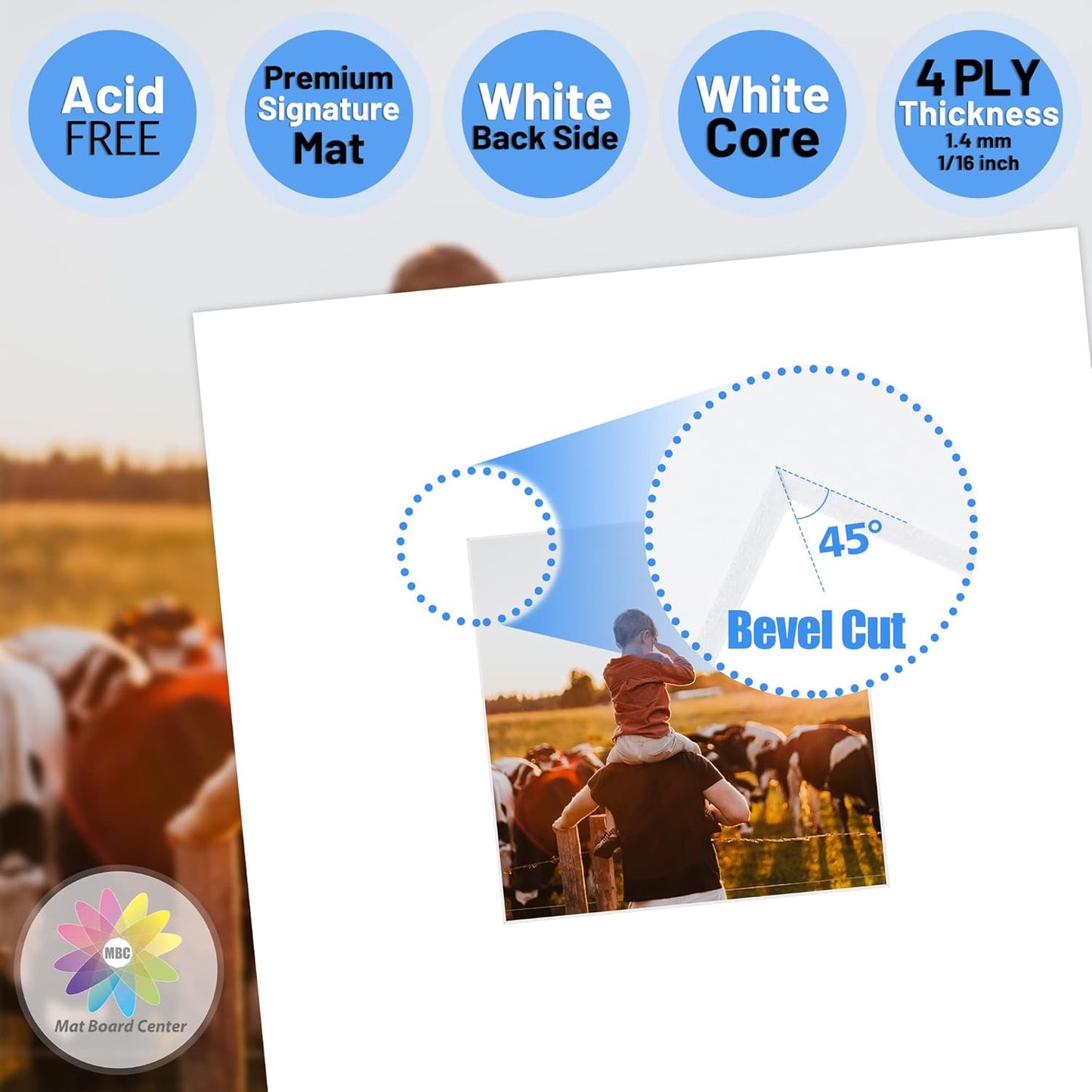 Mat Board Center, Pack of 20, 8x8 for 4x4 White Photo Picture Mats - Acid Free, 4-ply Thickness, White Core - for Pictures, Photos, Framing