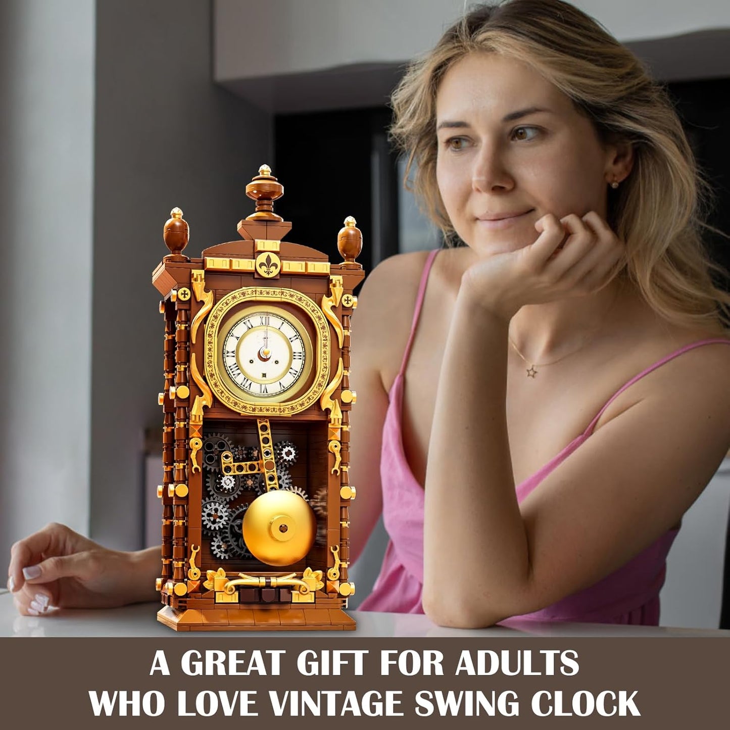 Retro Swing Clock Building Blocks Set, Vintage Pendulum Clock with Functional Clock Mechanism Model Kit, Creative Gift Toys for Adults Teens 14+ (751 Pieces)