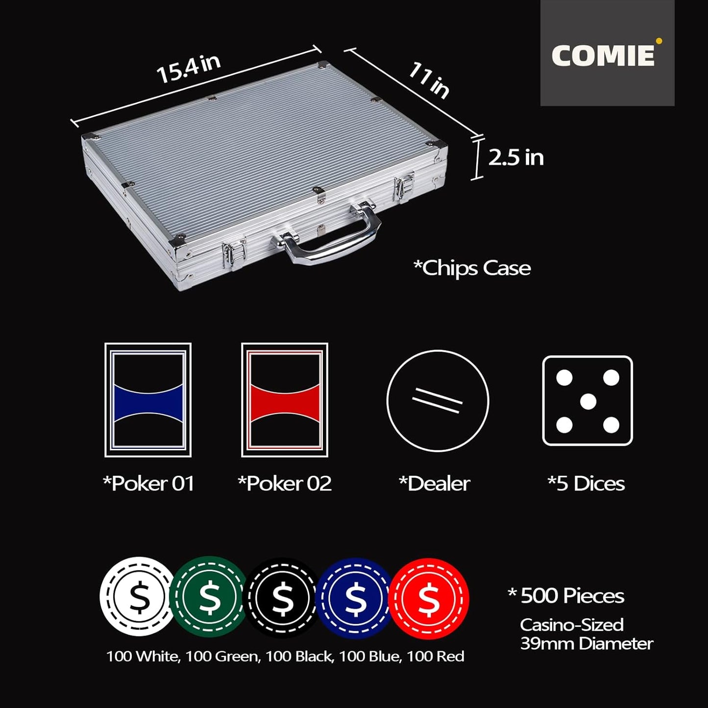 Poker Chips,500PCS Poker Chip Set with Aluminum Travel Case,11.5 Gram Poker Set for Texas Holdem Blackjack Gambling