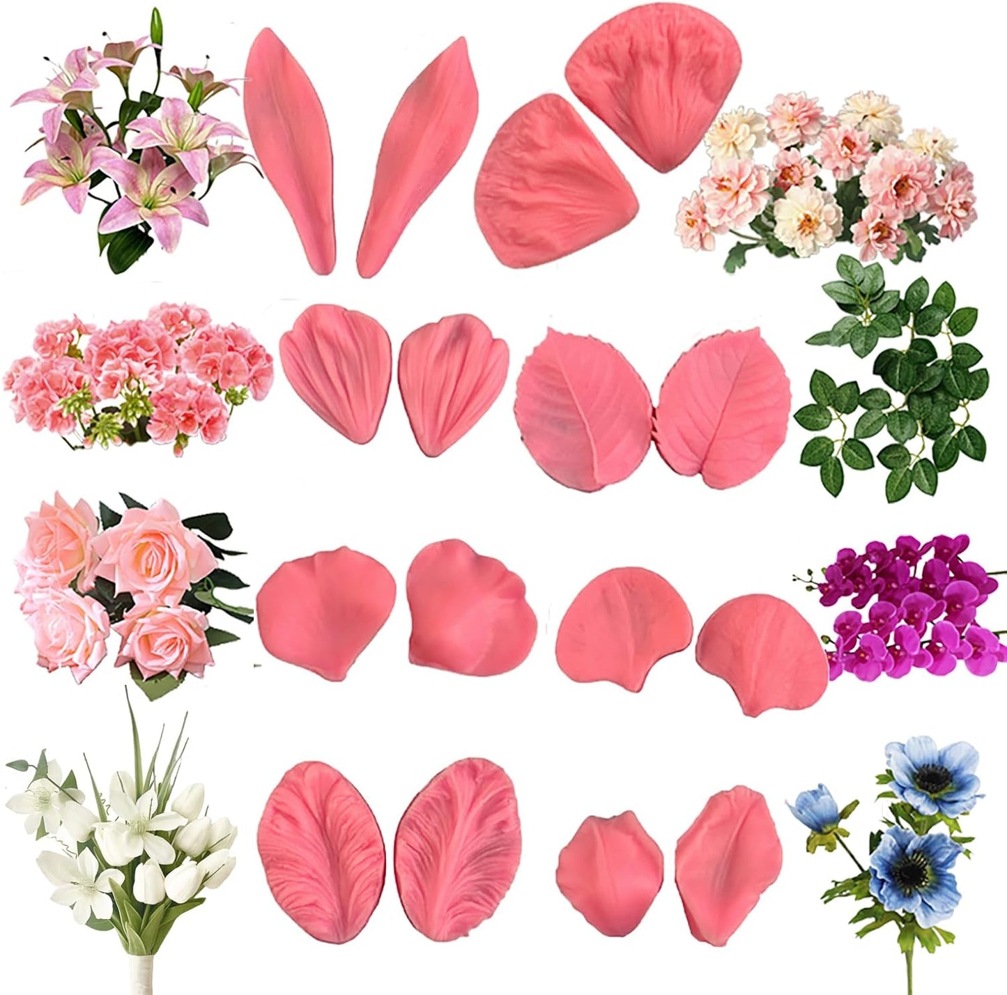 Gumpaste Flower Silicone Veiner Mold 8 Set, Fondant Flower Mold Leaf Tulip Orchid Molds Sugar Gum Paste Molds Cake Decoration Tool for Rose Lily Orchid Tulips Hibisus Rose Leaf (A)