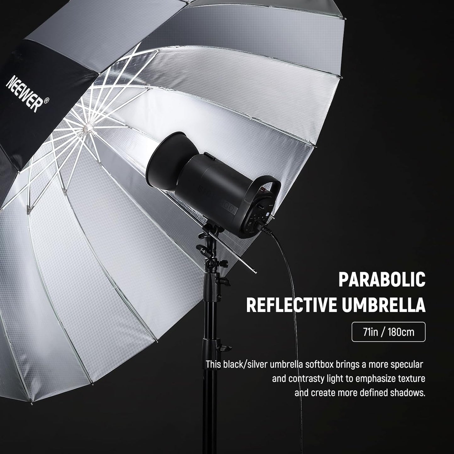 NEEWER 71"/180cm Parabolic Reflective Umbrella Photography with Silver Inner, Soft Lighting with Diffuser Cover, Bag, Quick Fold for Camera Photo Studio Video Light Shooting Monolight Flash, NS4U