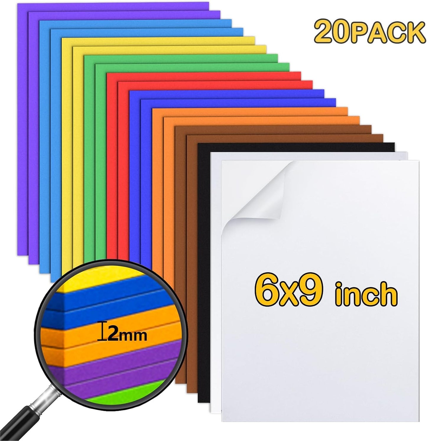 MEARCOOH 20pack 10 Colors Self Adhesive Foam Sheets 6x9 Inch 2mm,Sticky Eva Foam Paper for Crafts Christmas Cardmaking Classroom Scrapbooking