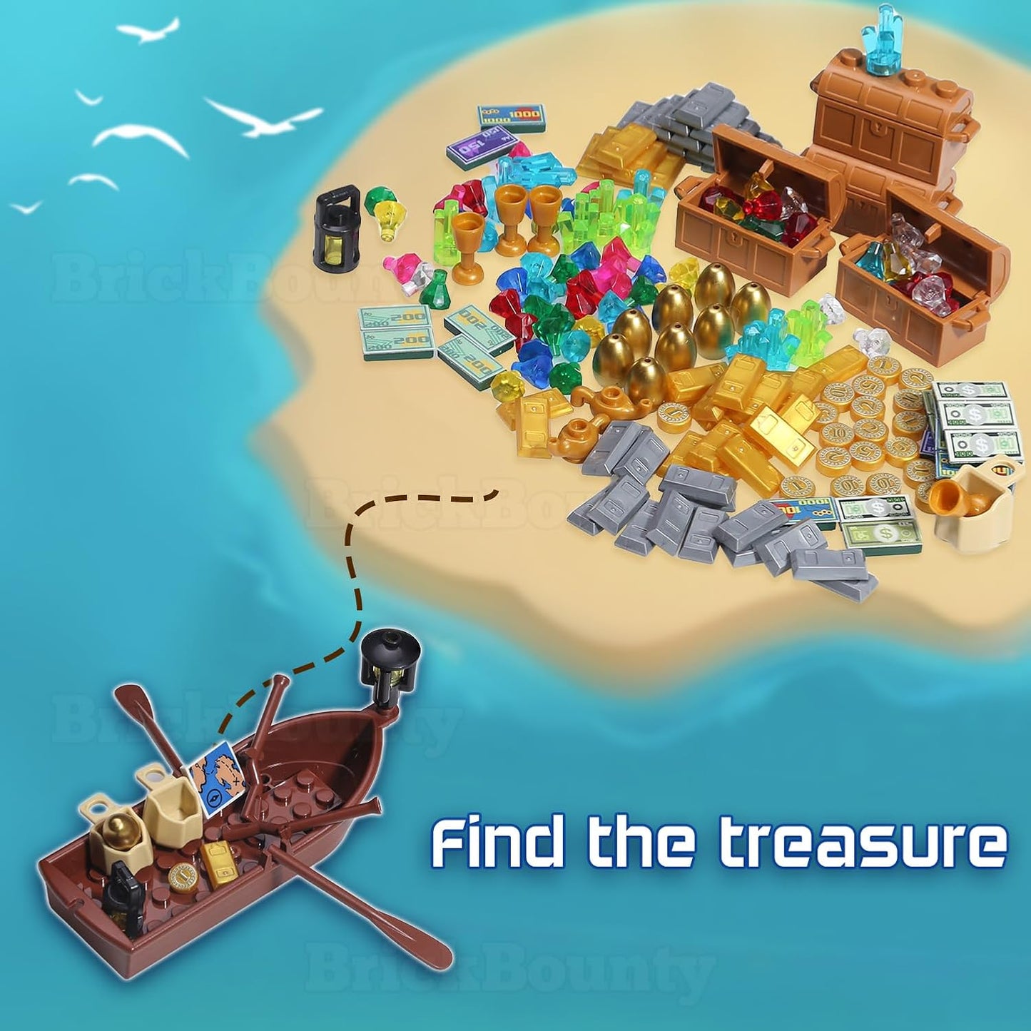 220 Pcs Pirate Treasure Money Parts Building Blocks, Expedition Wooden Boats Treasure-Maps, Cash Chests with Gold Nuggets, Pretend Play Dollar for Friends City Farm Series Bricks