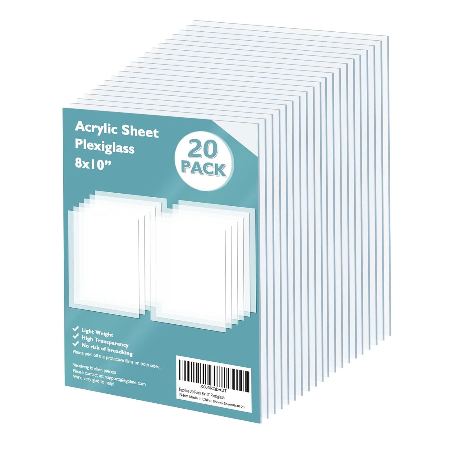 Egofine Plexiglass Sheets Acrylic Sheets 20 Pack of 8x10’’ 0.04 Thick Clear Plastic Cast Transparent Plexi Glass for Crafting Projects, Replacement Picture Frame Glass, DIY Display, Easy to Cut