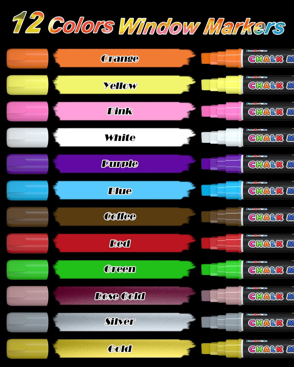FansArriche Liquid Chalk Markers, 12 colors 10mm Erasable Marker Pens, Washable Window Markers For Glass, Blackboard, Bistro Menu, Car Windows, Mirrors, Labels, 3 In 1 large nib