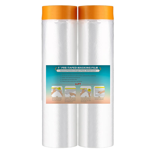 LLPT Tape and Drape 78.7”(Unfolded) x 66 Ft Each 2 Pack Pre-Taped Masking Film 0.27 Mil Painters Plastic Drop Cloth for Auto Wall Furniture Painting Protection (MFT2002)