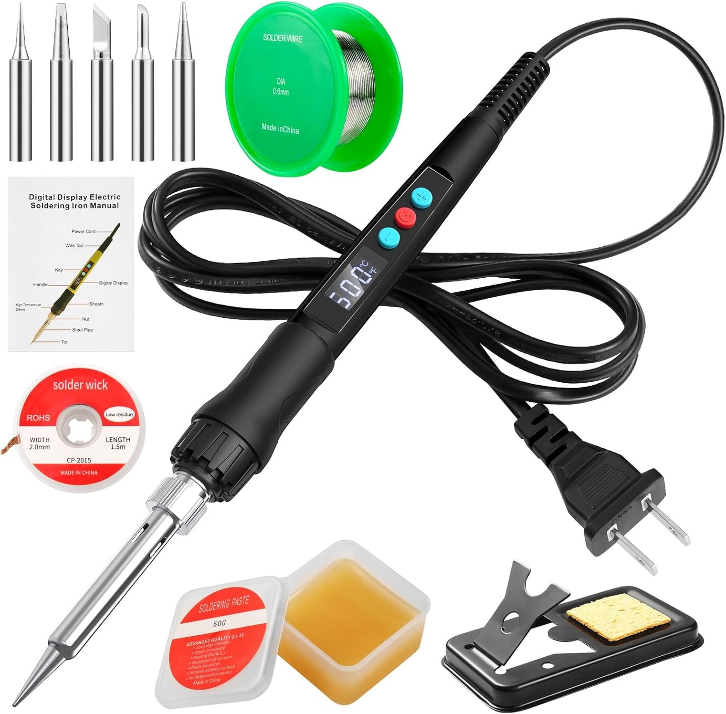 Soldering Iron Kit, 100W LED Digital Solder Gun kits with Ceramic Heater, Adjustable Temperature Welding Tools with Tips, Wick Braid, Stand, Solders Wire, Sponge, Flux Paste, Black
