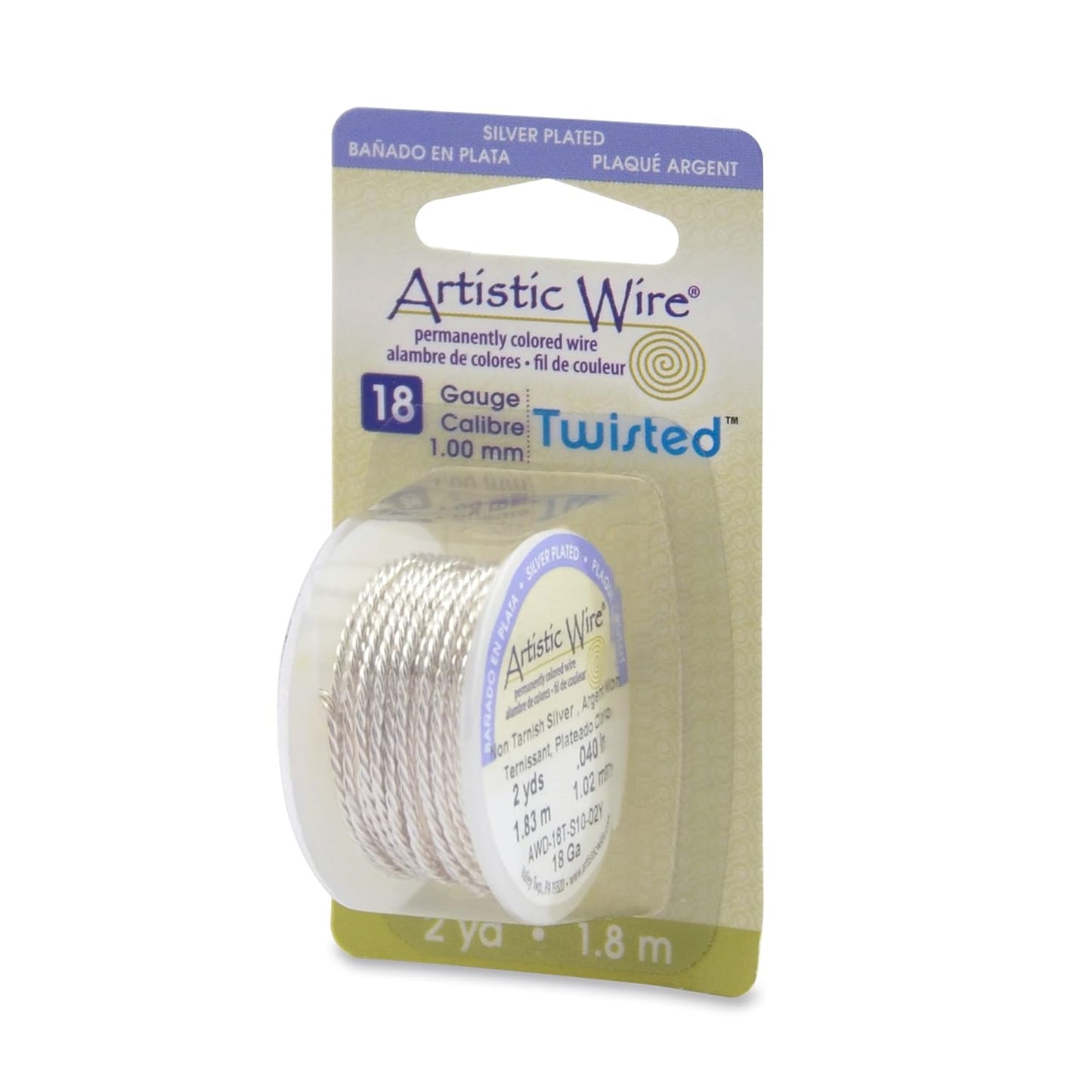 Artistic Wire, 18 Gauge / 1.0 mm Silver Plated Tarnish Resistant Colored Copper Craft Wire, Round Twist, Tarnish Resistant Silver, 2 yd / 1.82 m