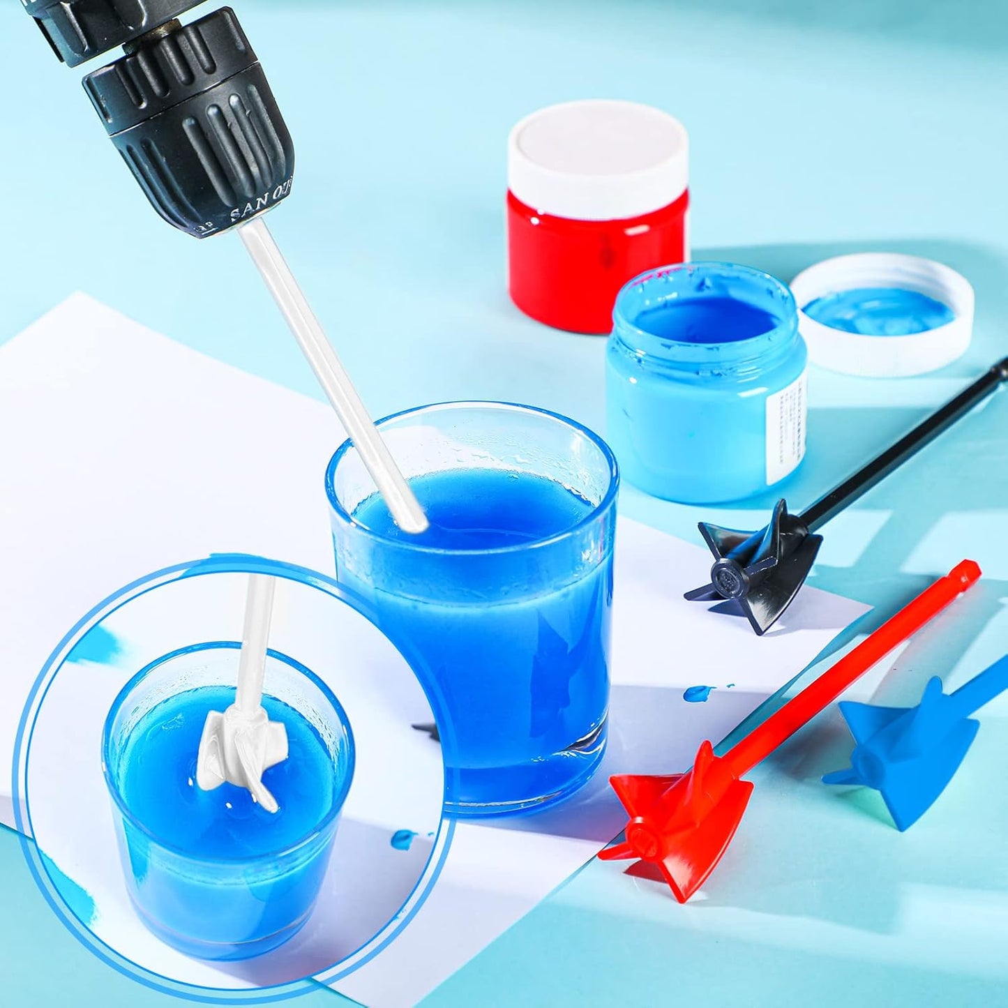 12 Pieces Epoxy Mixer Attachment for Drill Helix Paint Mixer Reusable Paint Stirrers Drill Attachment for Resin for Jewelry Resin Casting Molds (Red, Blue, Black, White)