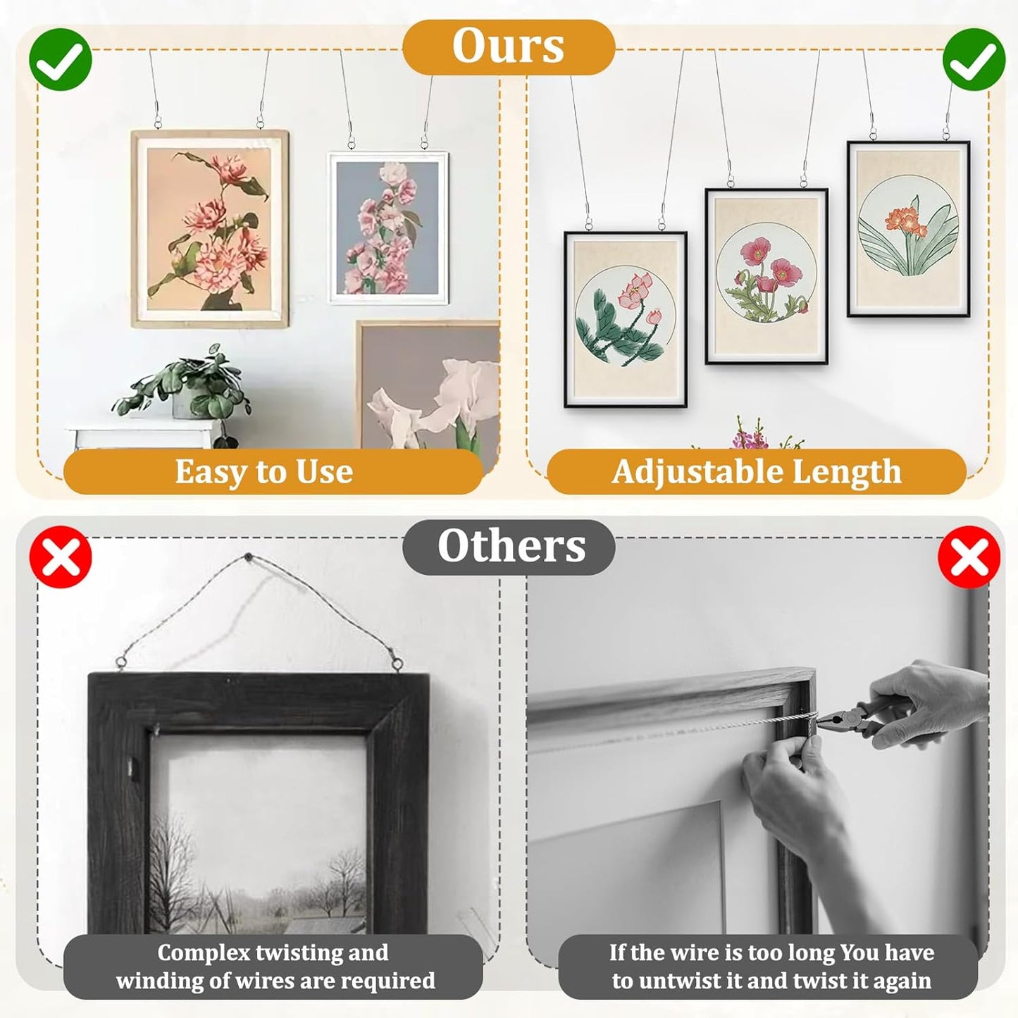 6PCS Heavy Duty Picture Hanging Wire 9.8ft X 1.5mm Mirror Frame Hanging Kit Adjustable Stainless Steel Rope for Pictures, Mirrors, Frames, Artwork, Light Lamp and Billboards, Supports up to 66lbs