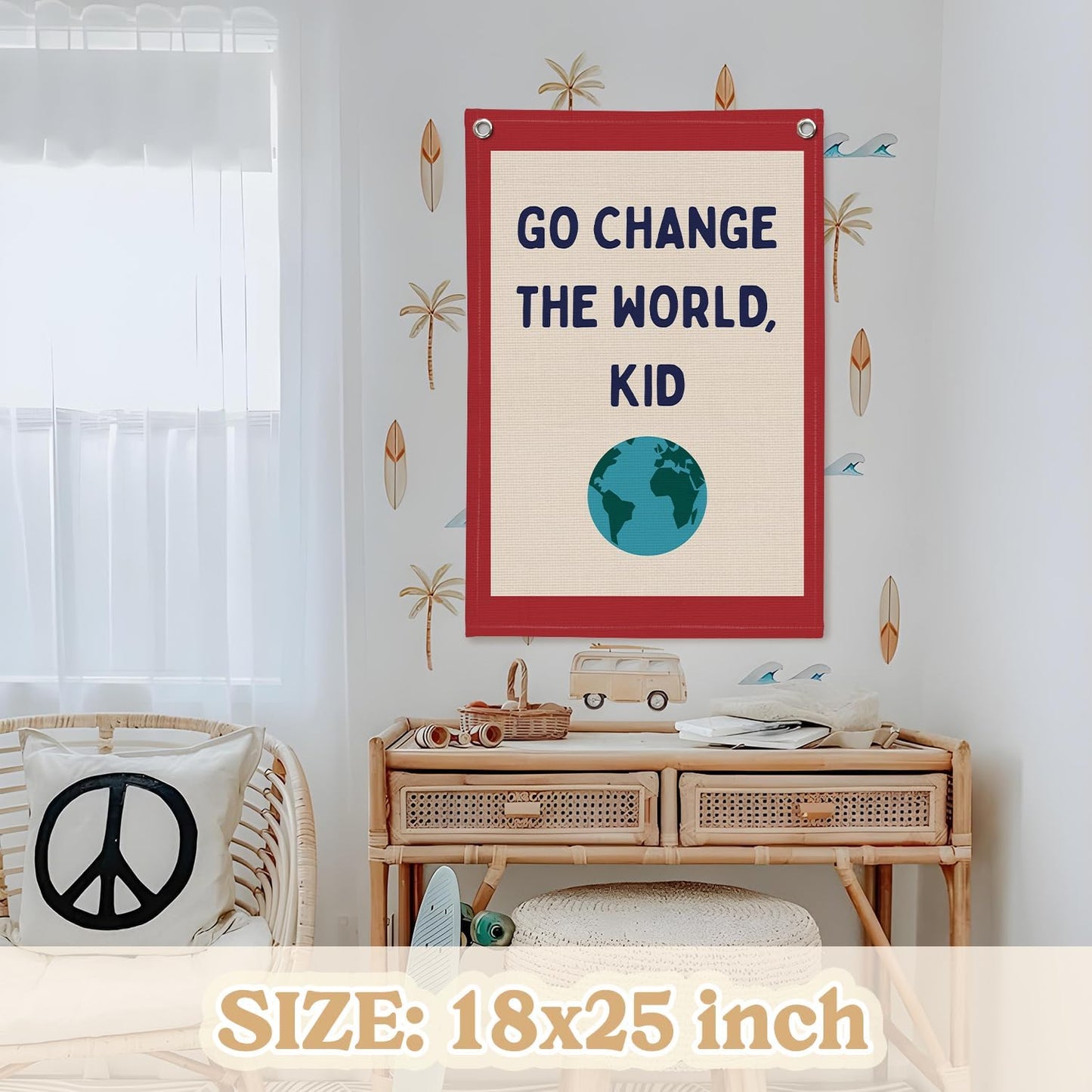 Classroom Decor,Motivational Wall Decor,Go Change the World Kid Linen Canvas Banner,Playroom Wall Decor Hanging Flag for Playroom Bedroom Nursery Graduation Gifts 18x25 Inch