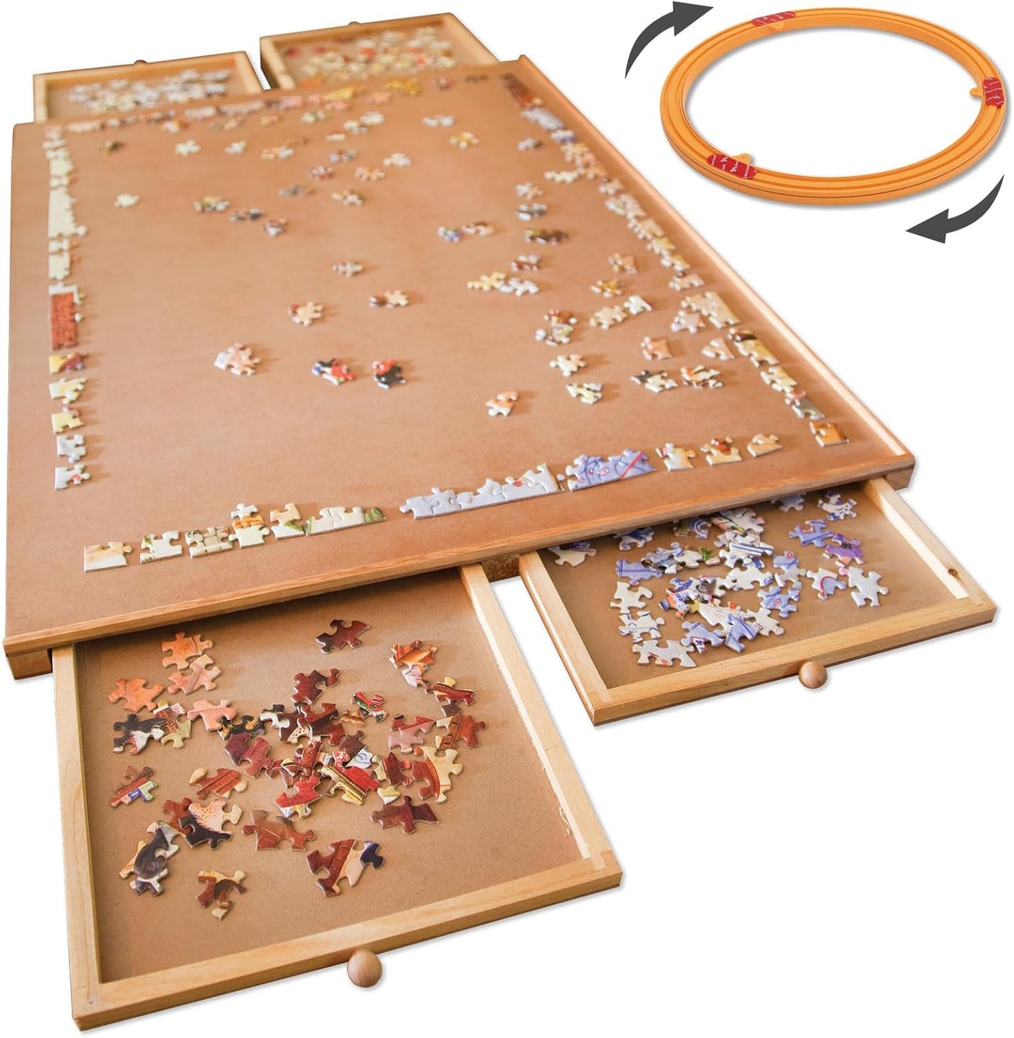 Bits and Pieces Rotating Puzzle Board with Drawers – 1500 Piece Jigsaw Puzzle Table Organizer with Lazy Susan Spinner – The Original Premium Wooden Puzzle Board for Adults, Portable & Durable Design