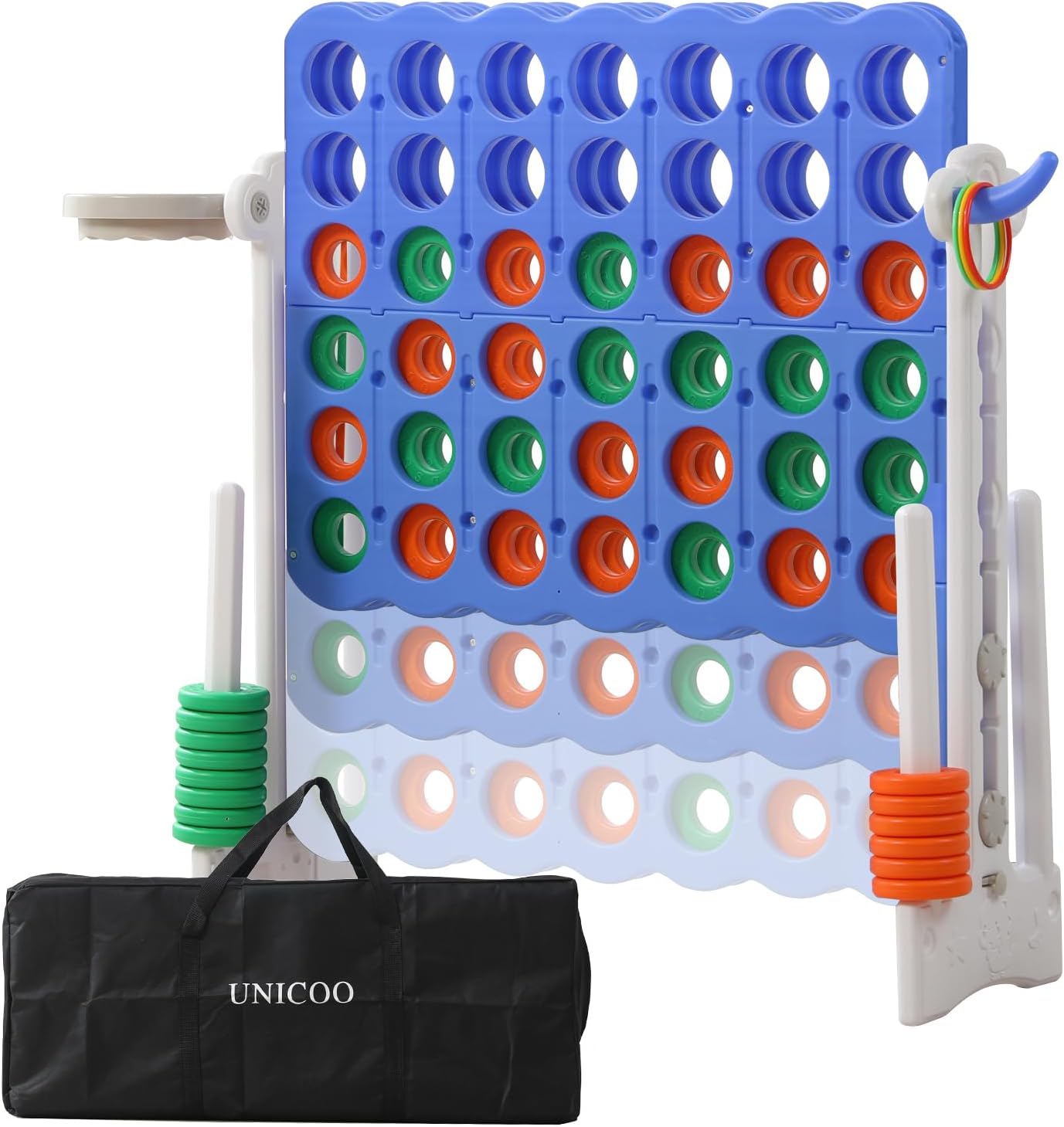UNICOO® Height Adjustable Jumbo 4-to-Score Game, 4 in A Row Game with Basketball Hoop, Ring Toss, Carrying Bag, Indoor Outdoor Yard Game, Parties & Family Gatherings