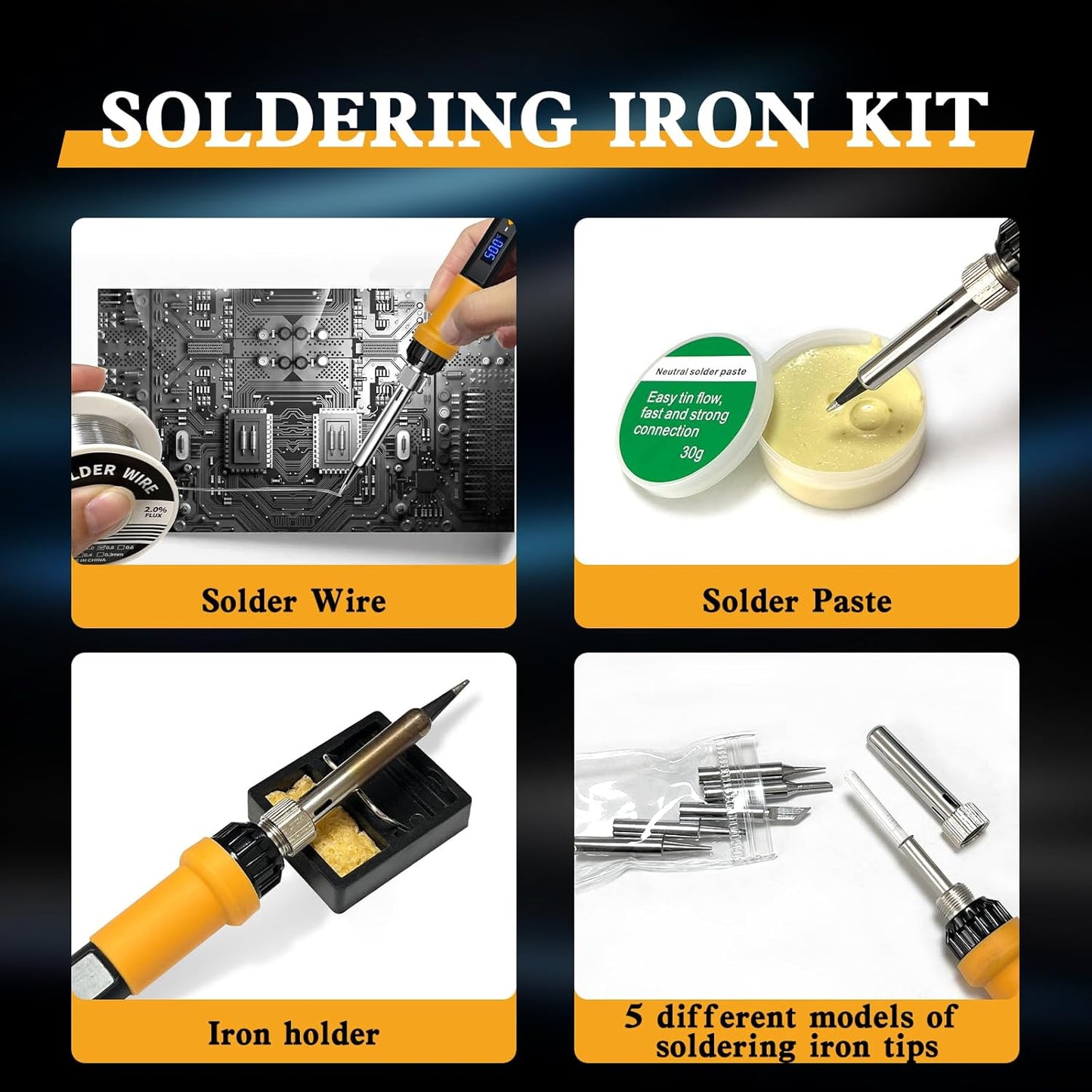 Soldering Iron Kit,80W LED Display Adjustable Temperature Soldering Iron Kit with Automatic Sleep Mode, Includes 5 Tips, Solder Wire, Stand, Flux - Professional Orange Welding Tool for Repair and DIY
