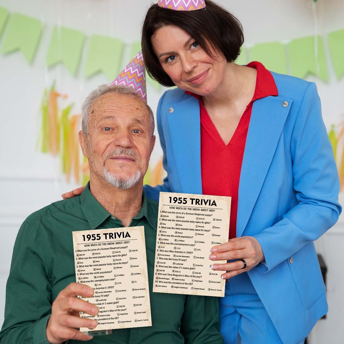 QUPT 70th Birthday Party Games, 1955 Trivia Games, Birthday Party Supplies for Adults, Fun 1955s Party Game, Pack of 30 Cards